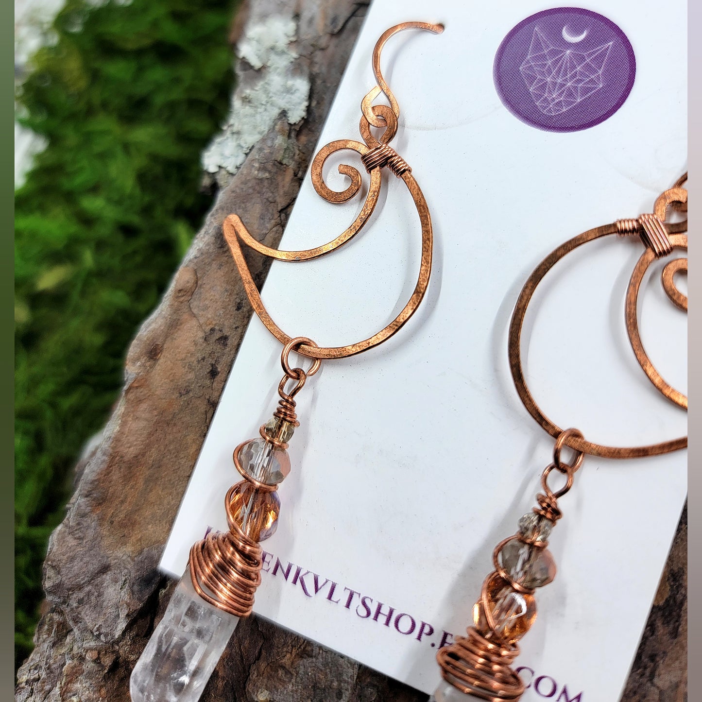 Quartz & Copper Moon Earrings