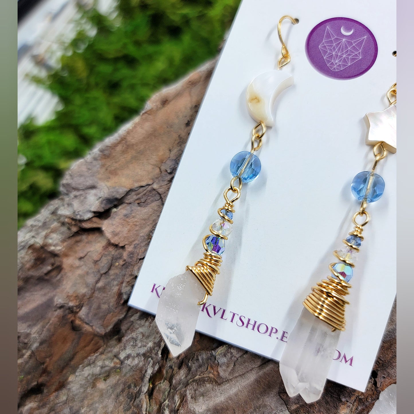 Celestial Quartz, Shell Moon & Star Earrings