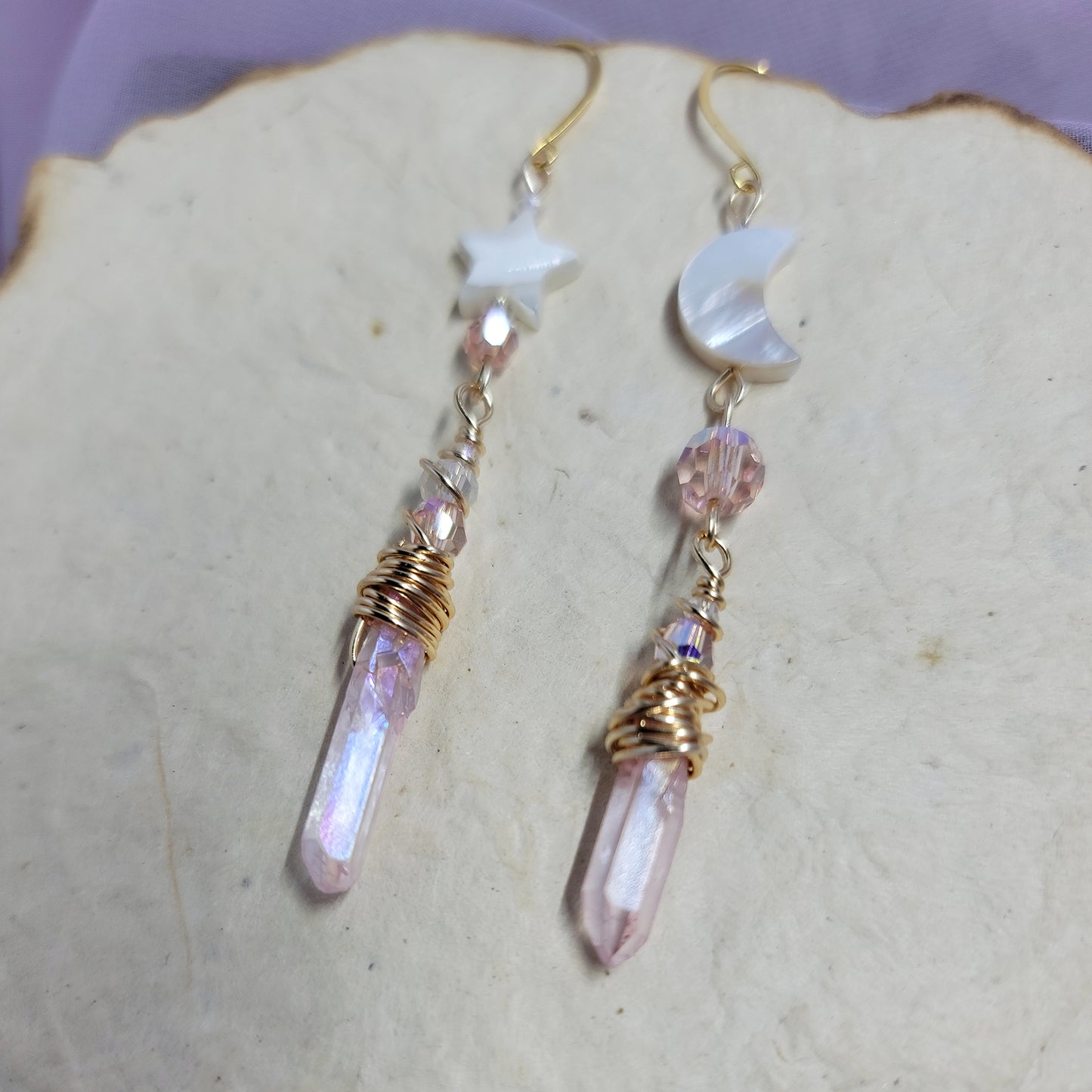 Pink Aura Quartz Celestial Shell Earrings