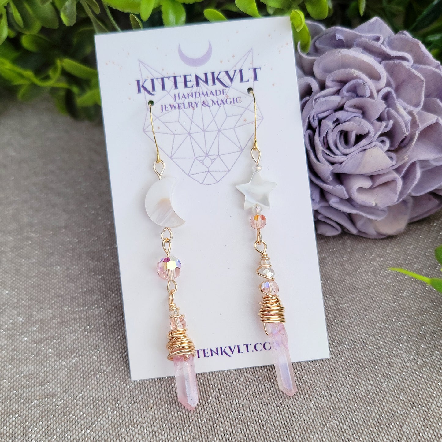 Pink Aura Quartz Celestial Shell Earrings