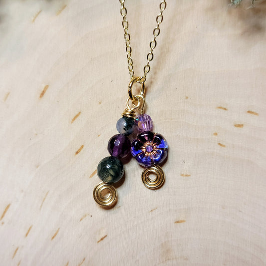 Moss Agate & Amethyst Flower Necklace