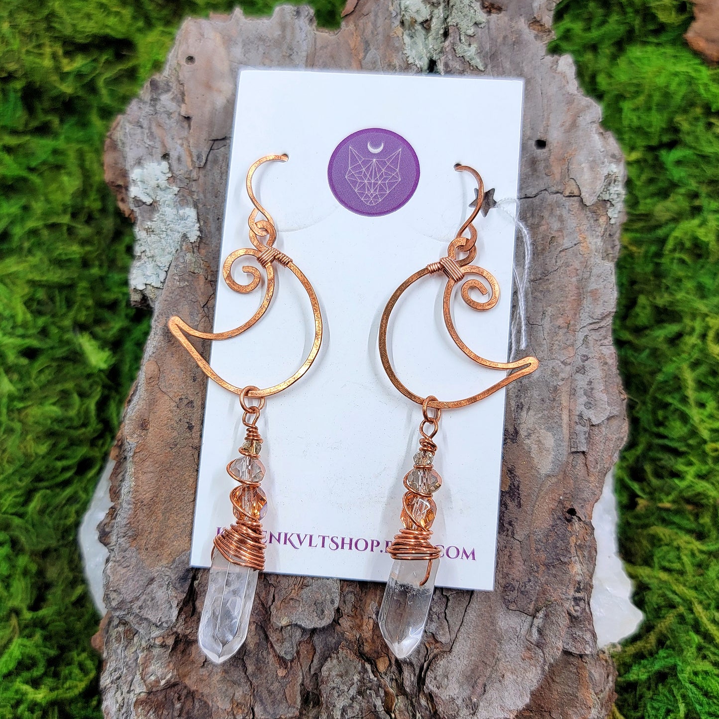 Quartz & Copper Moon Earrings