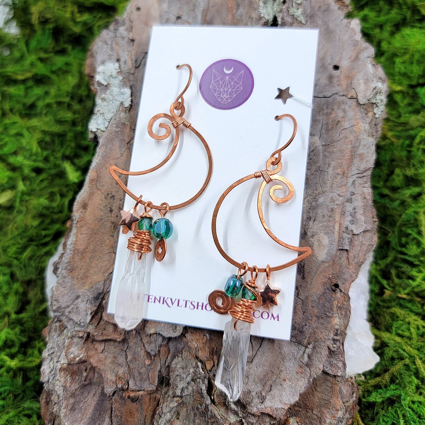 Quartz & Copper Moon Earrings