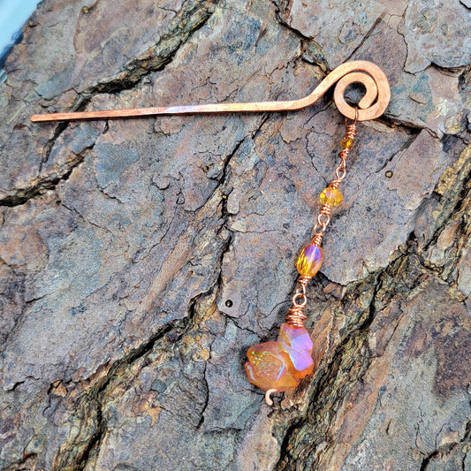 Aura Quartz & Hammered Copper Swirl Hair Stick