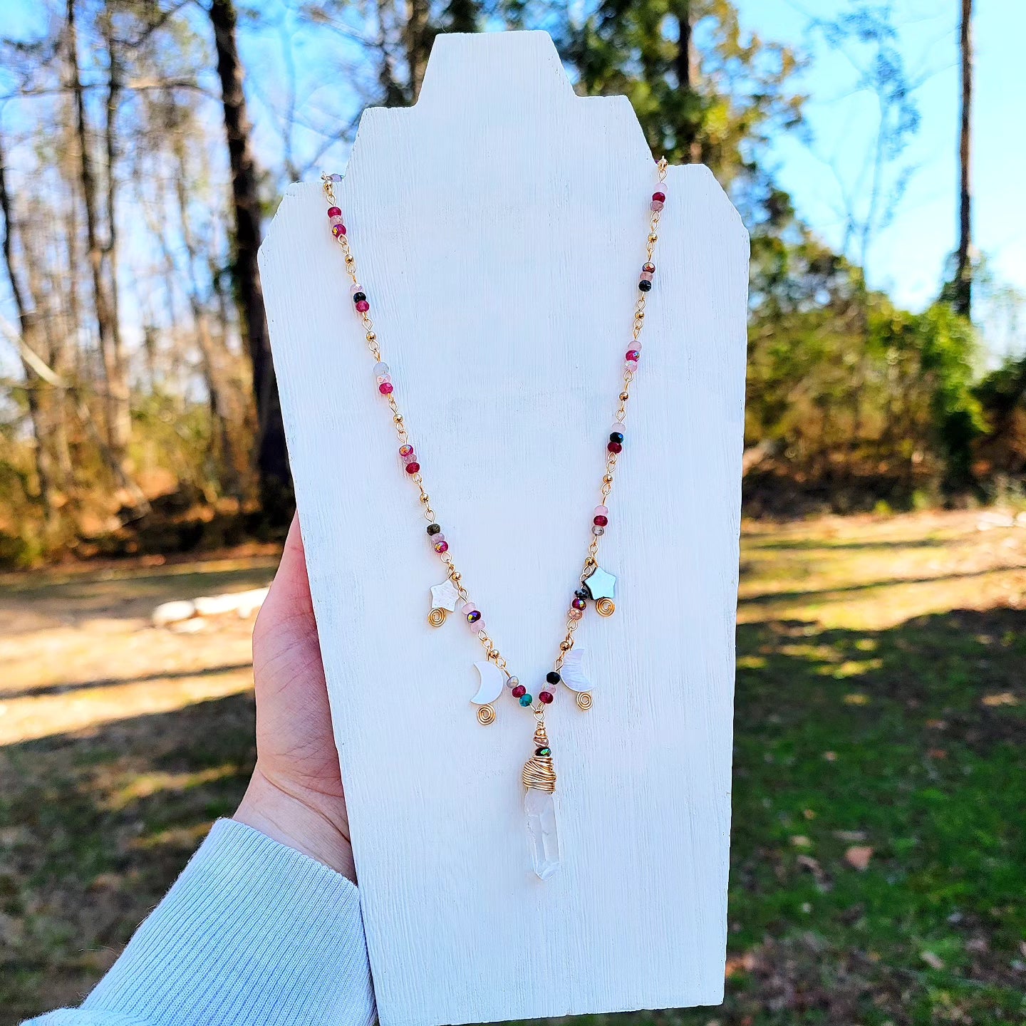 Quartz, Moss Agate, Shell Moon & Star Necklace