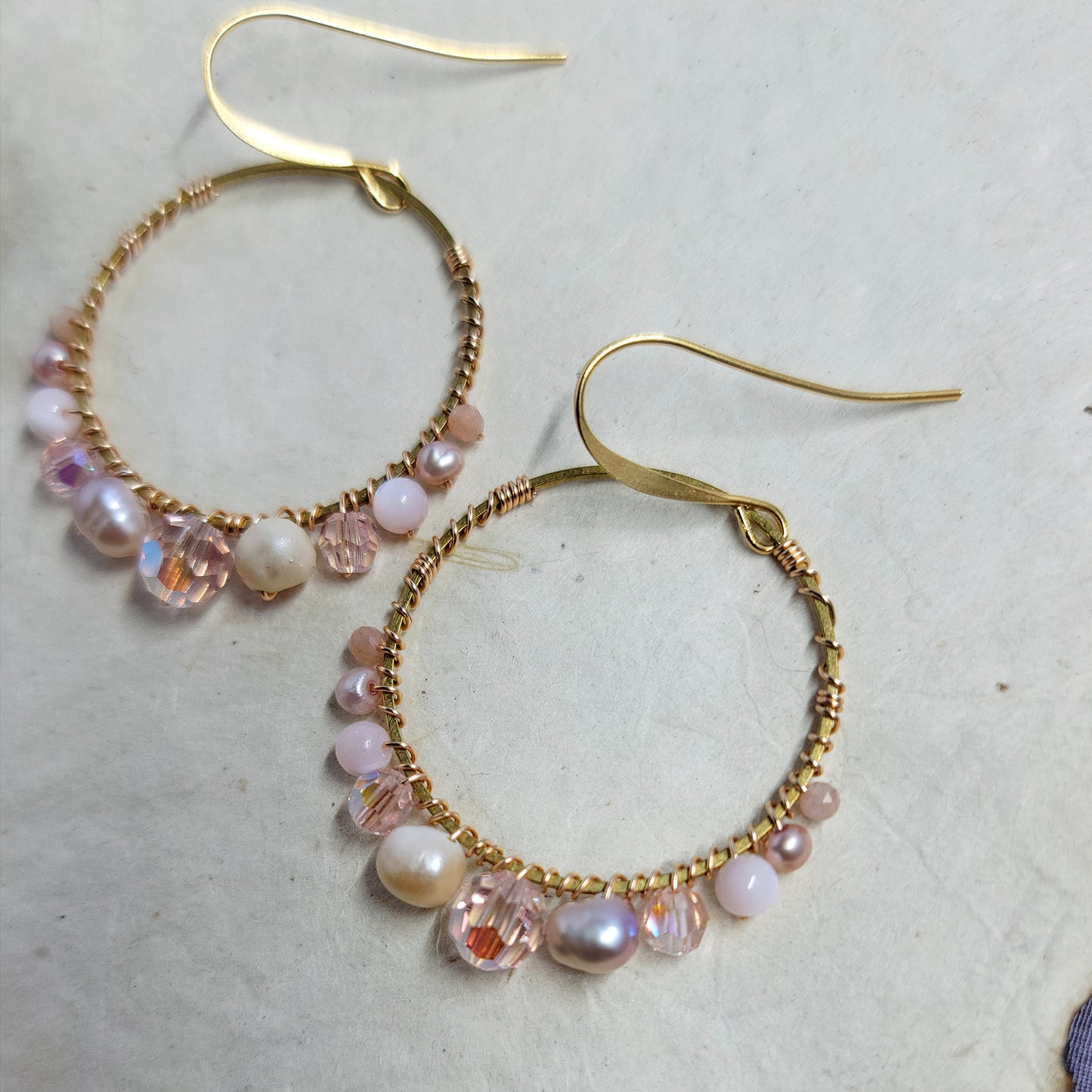 Ethereal Freshwater Pearl, Mother of Pearl, Peach Moonstone Crystal Hoops