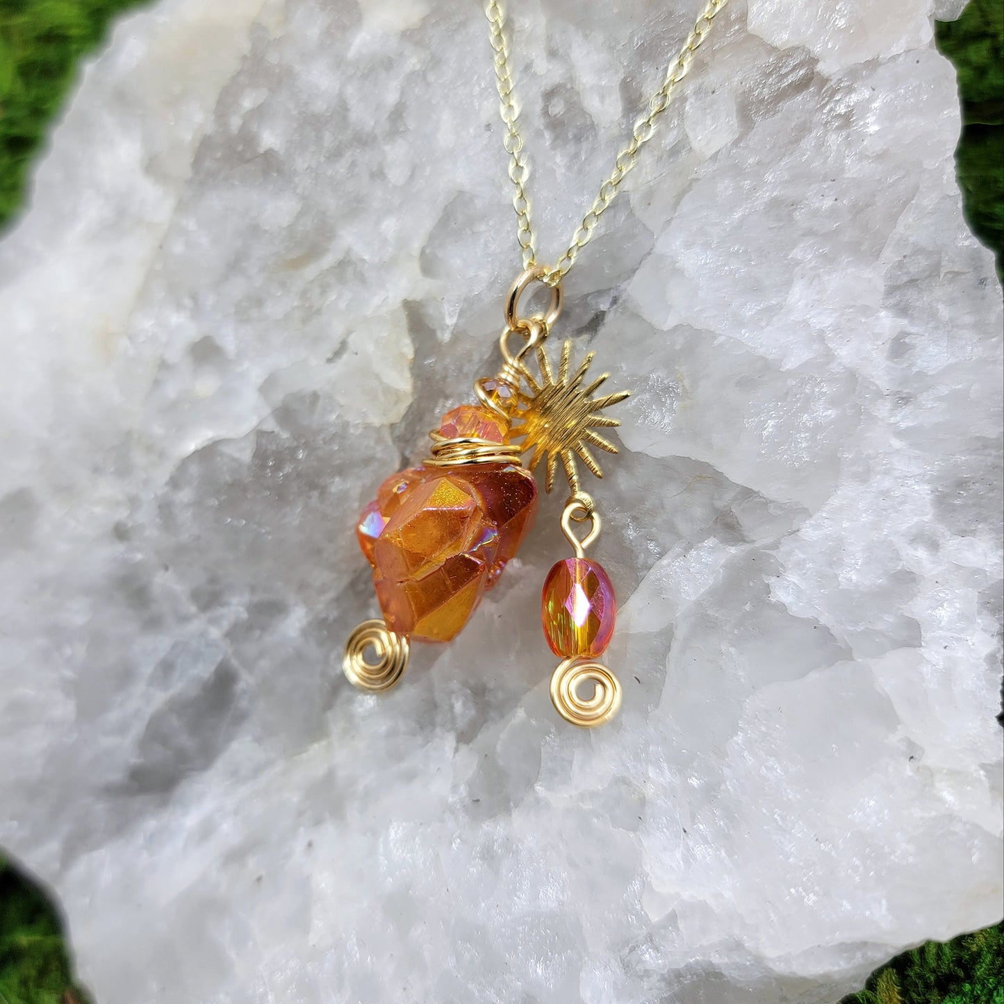 Orange Aura Quartz Sun Star Necklace