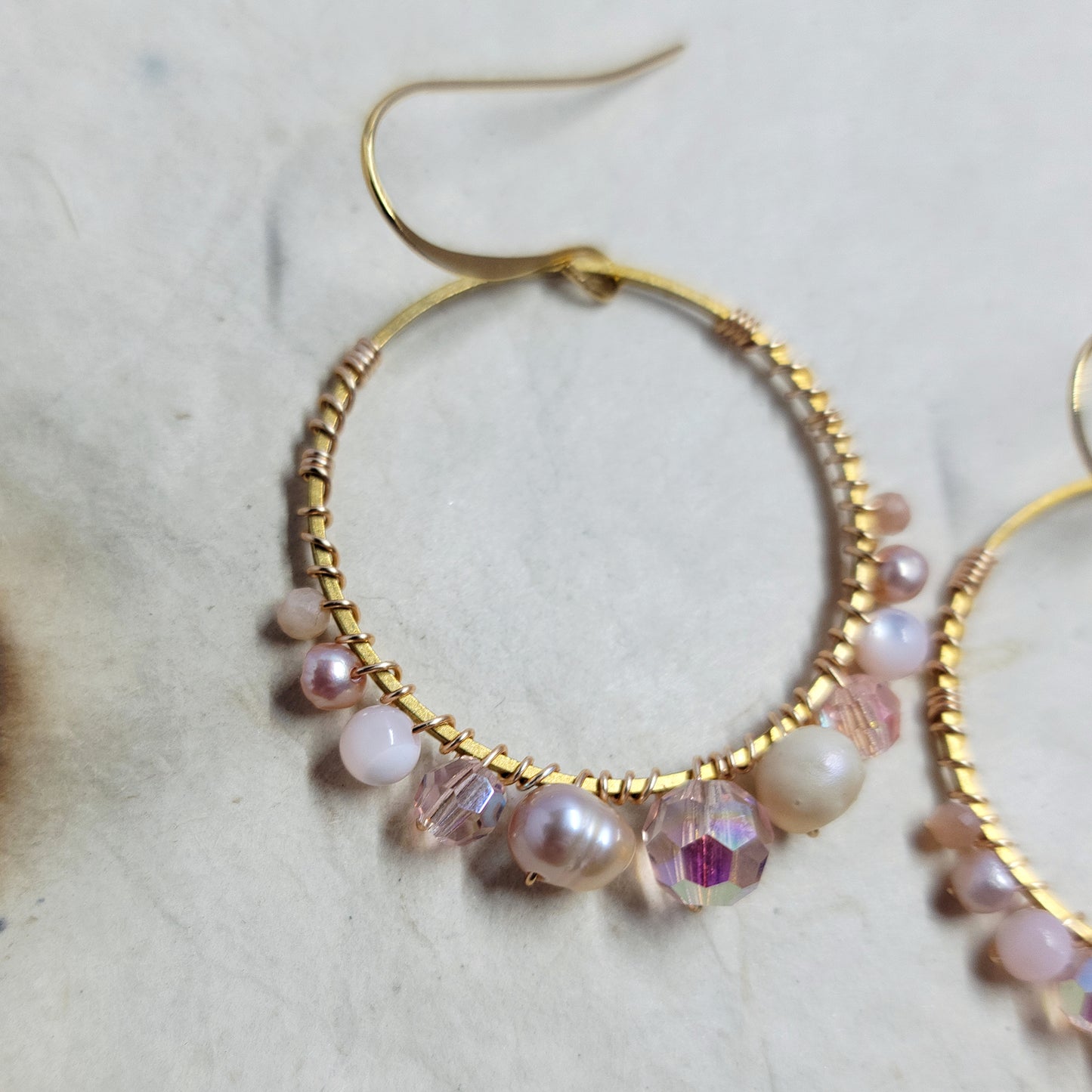 Ethereal Freshwater Pearl, Mother of Pearl, Peach Moonstone Crystal Hoops