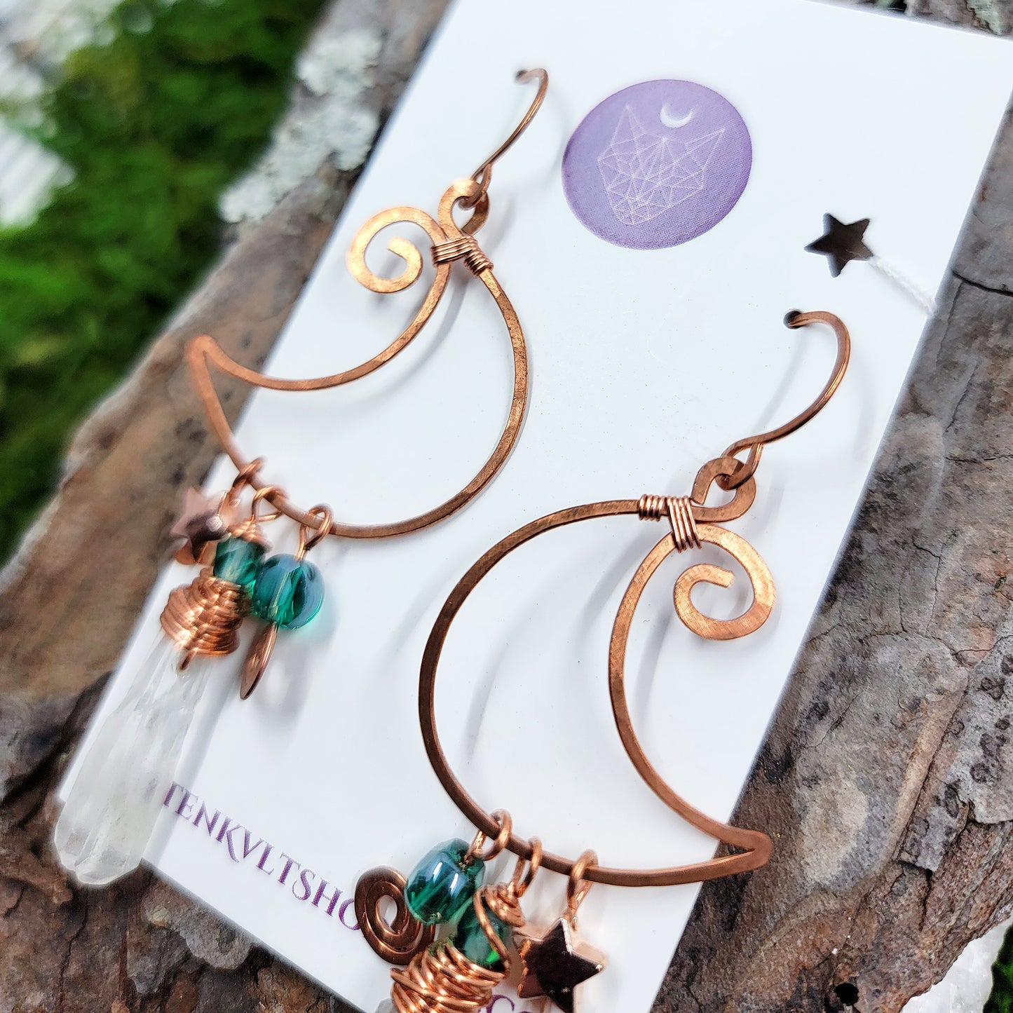 Quartz & Copper Moon Earrings