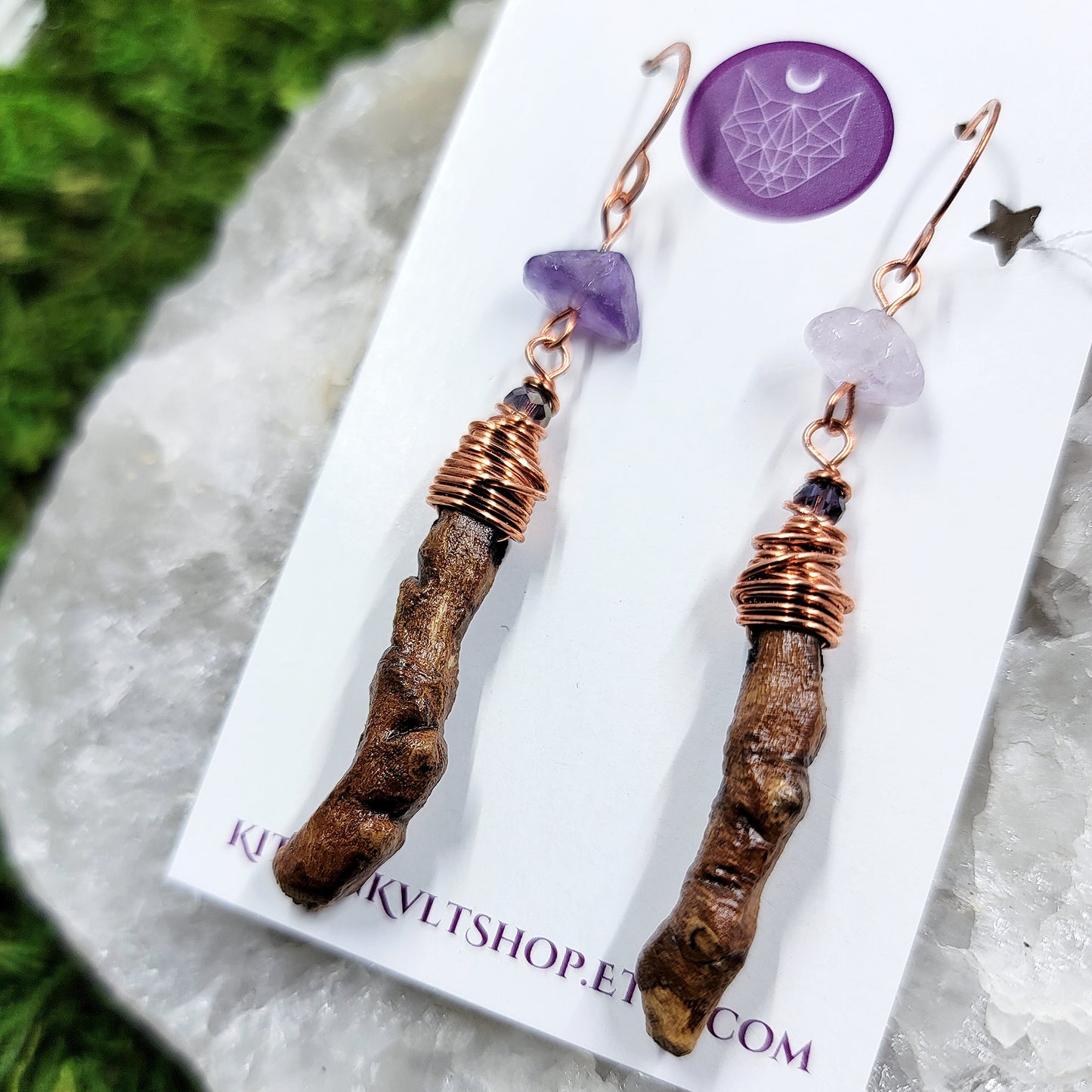 Sycamore & Amethyst Witch Finger Earrings