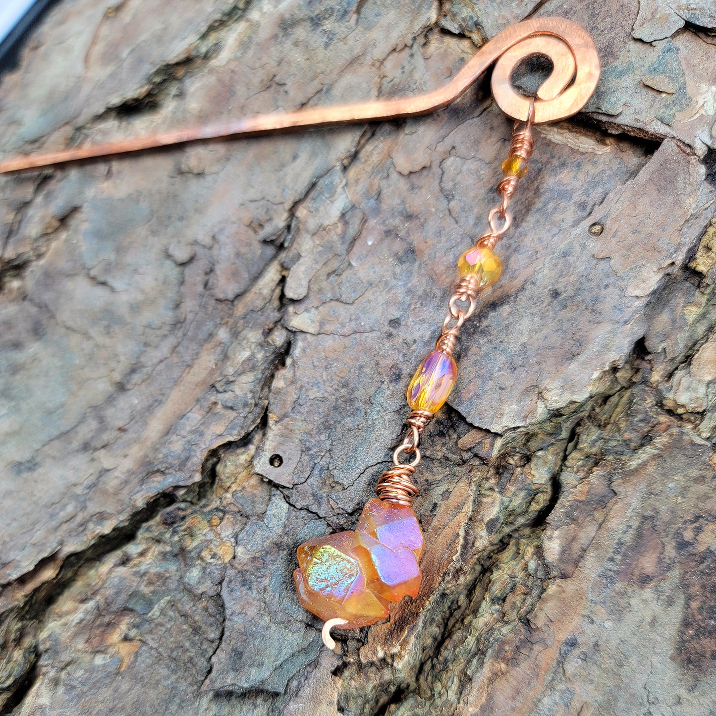 Aura Quartz & Hammered Copper Swirl Hair Stick