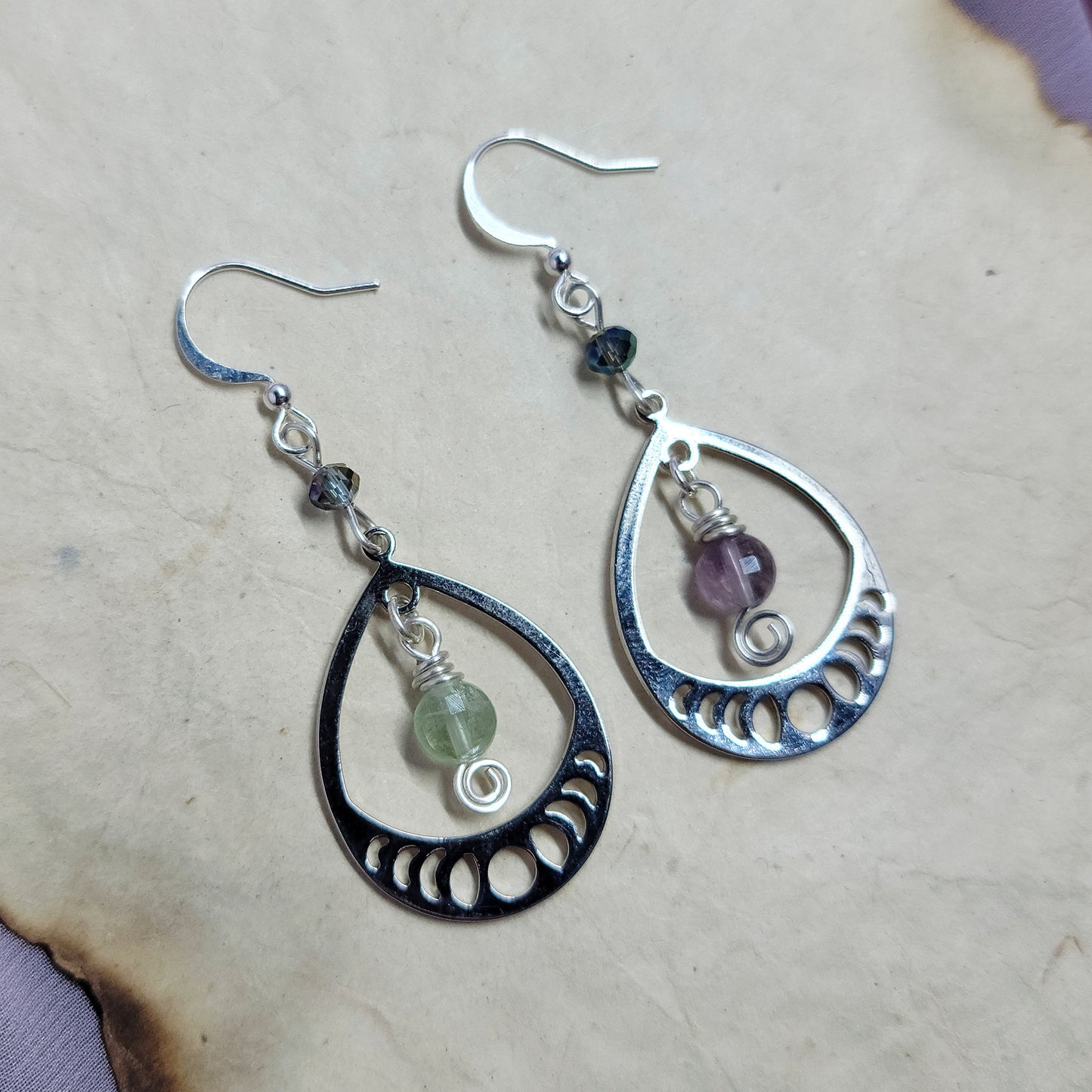 Cosmic Rainbow Fluorite Moon Phase Earrings