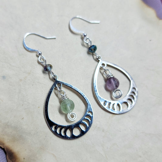 Cosmic Rainbow Fluorite Moon Phase Earrings