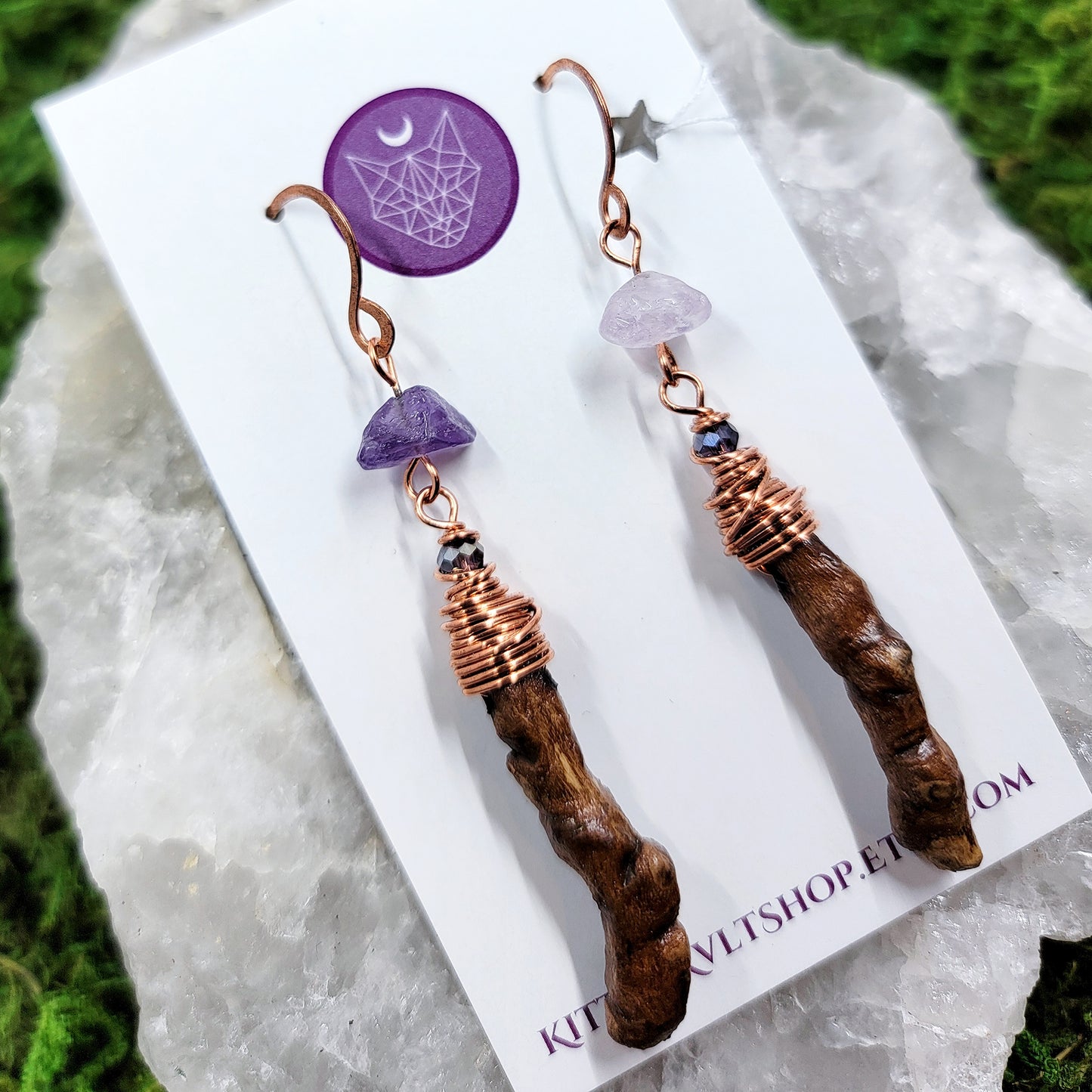 Sycamore & Amethyst Witch Finger Earrings