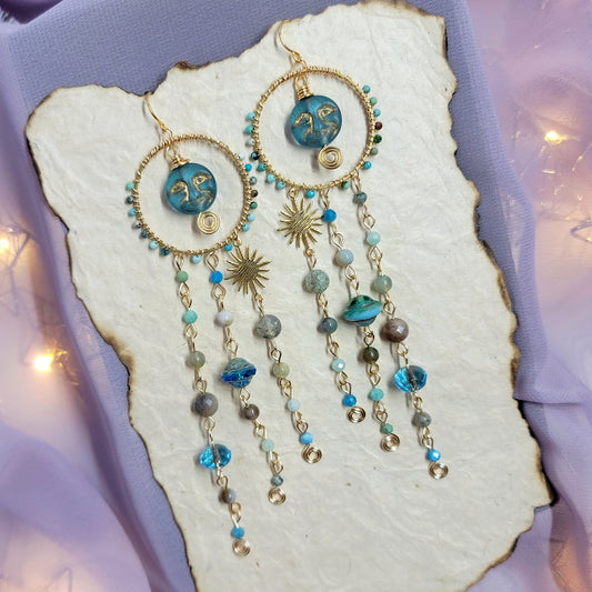 Blue Apatite Sea Goddess Moon Earrings