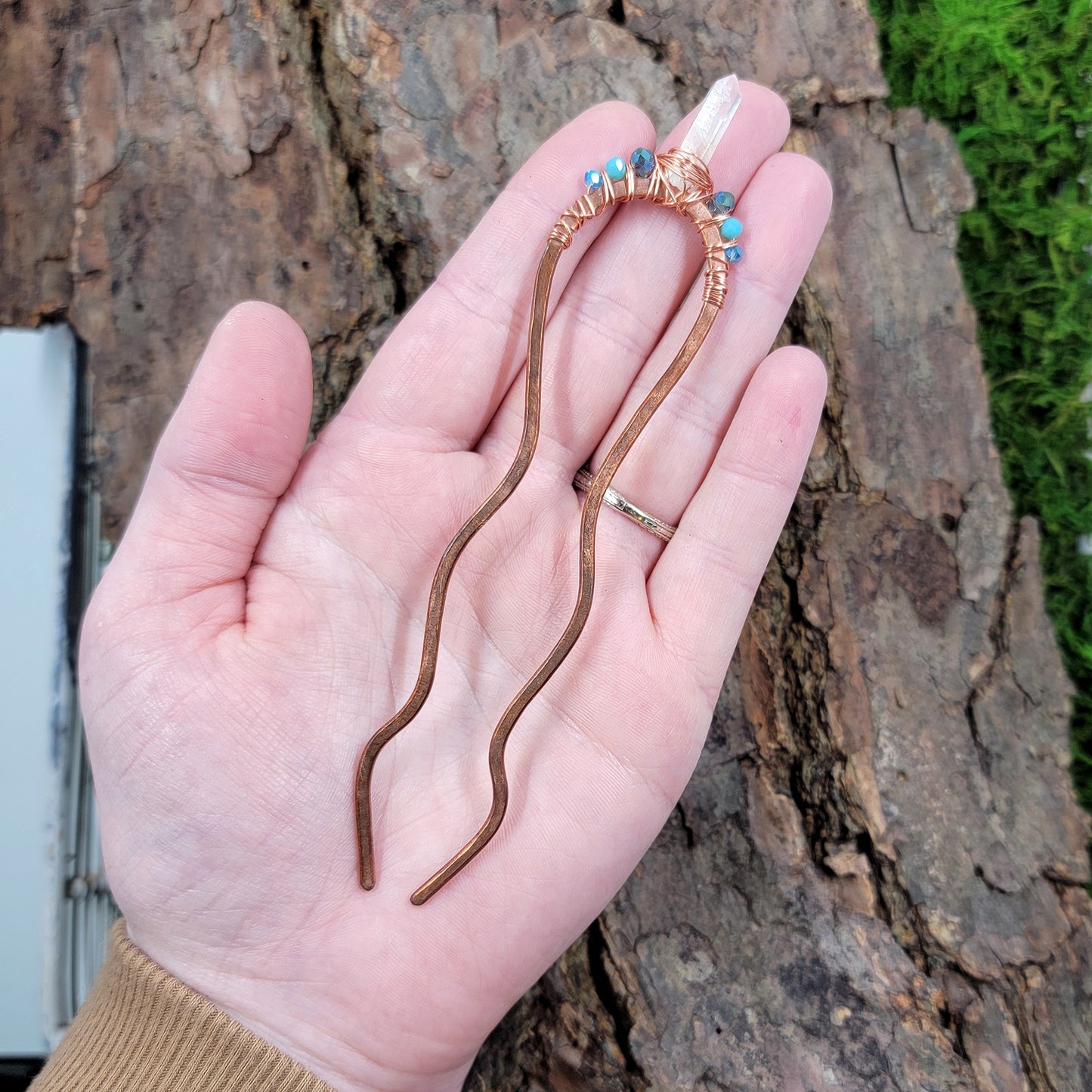 Sea Witch Quartz Crystal Hammered Copper Hair Fork