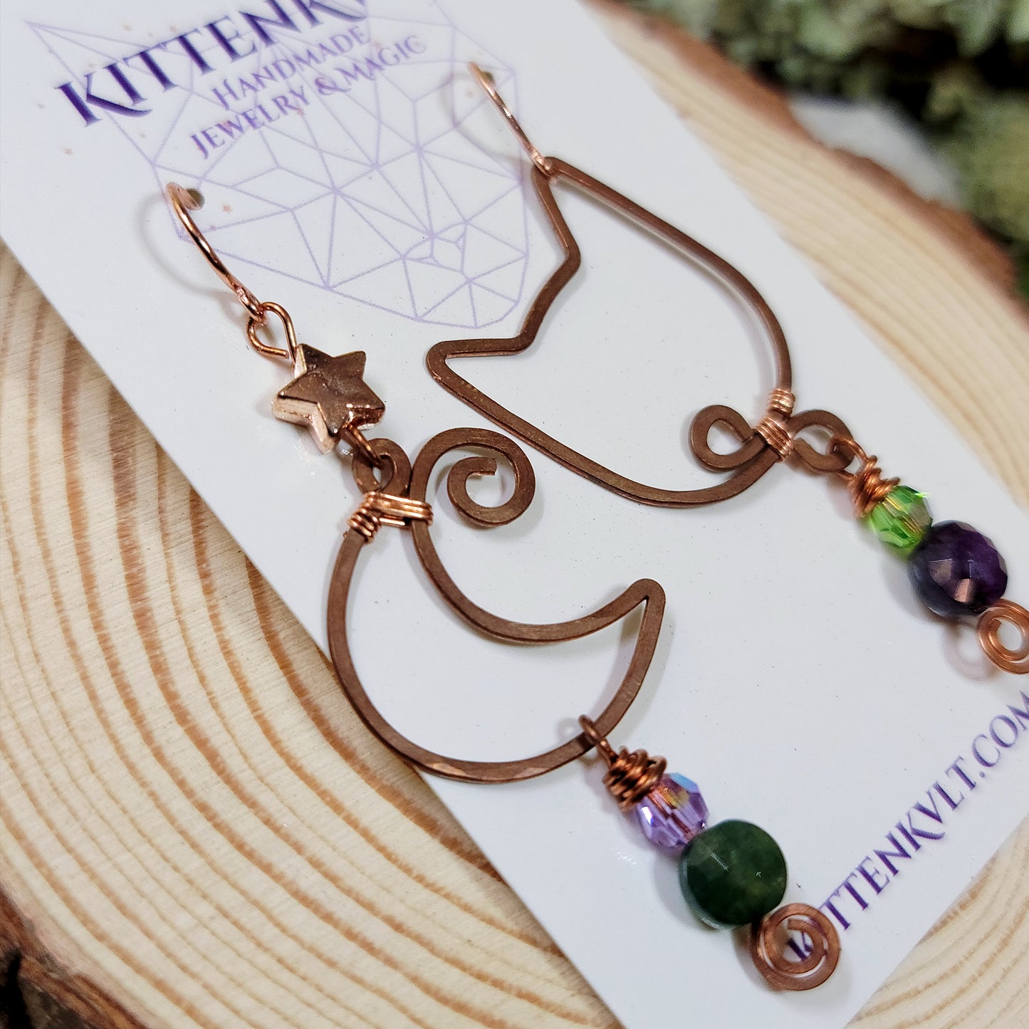 Amethyst & Moss Agate Cat and Moon Hammered Copper Earrings