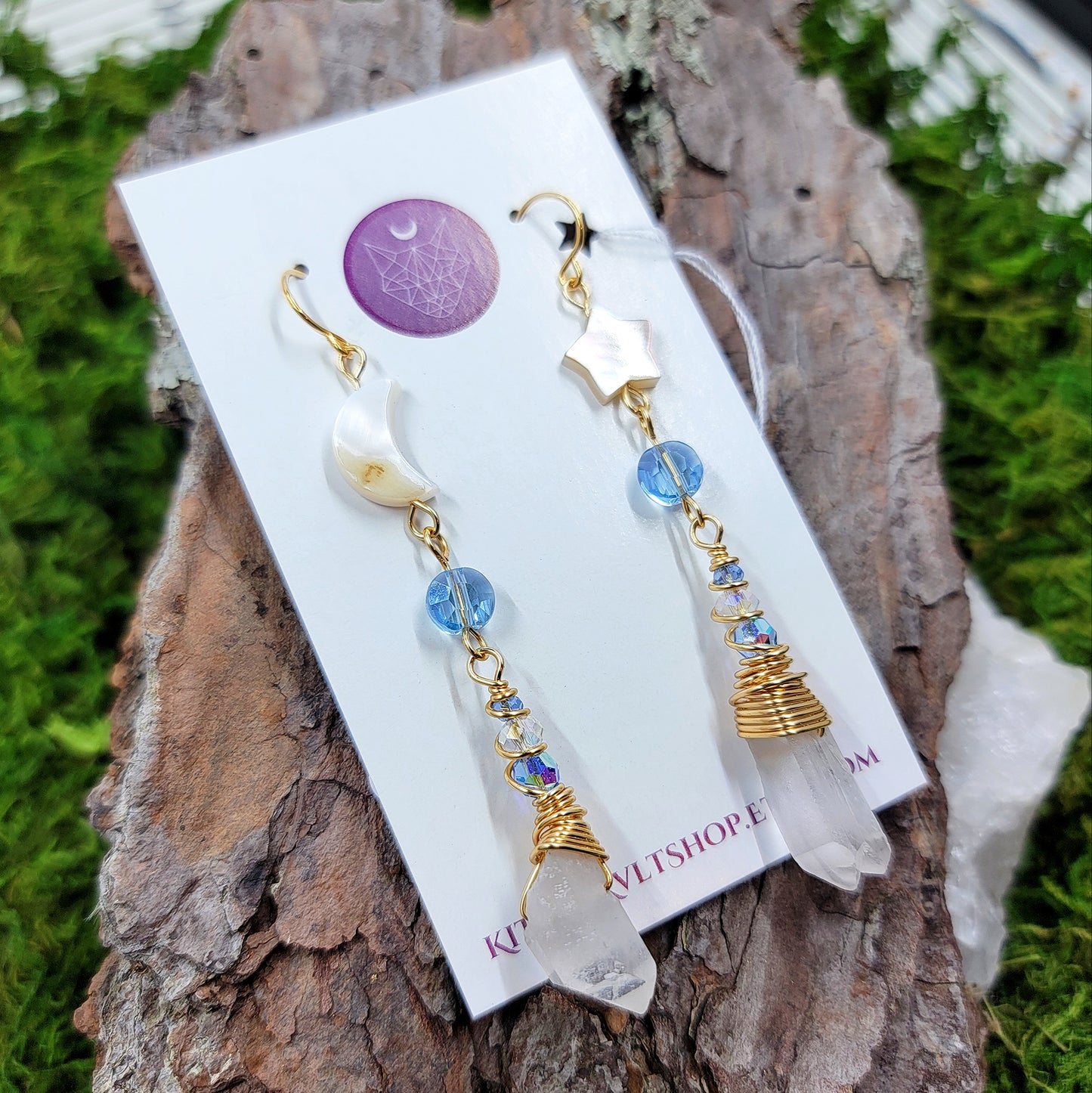 Celestial Quartz, Shell Moon & Star Earrings