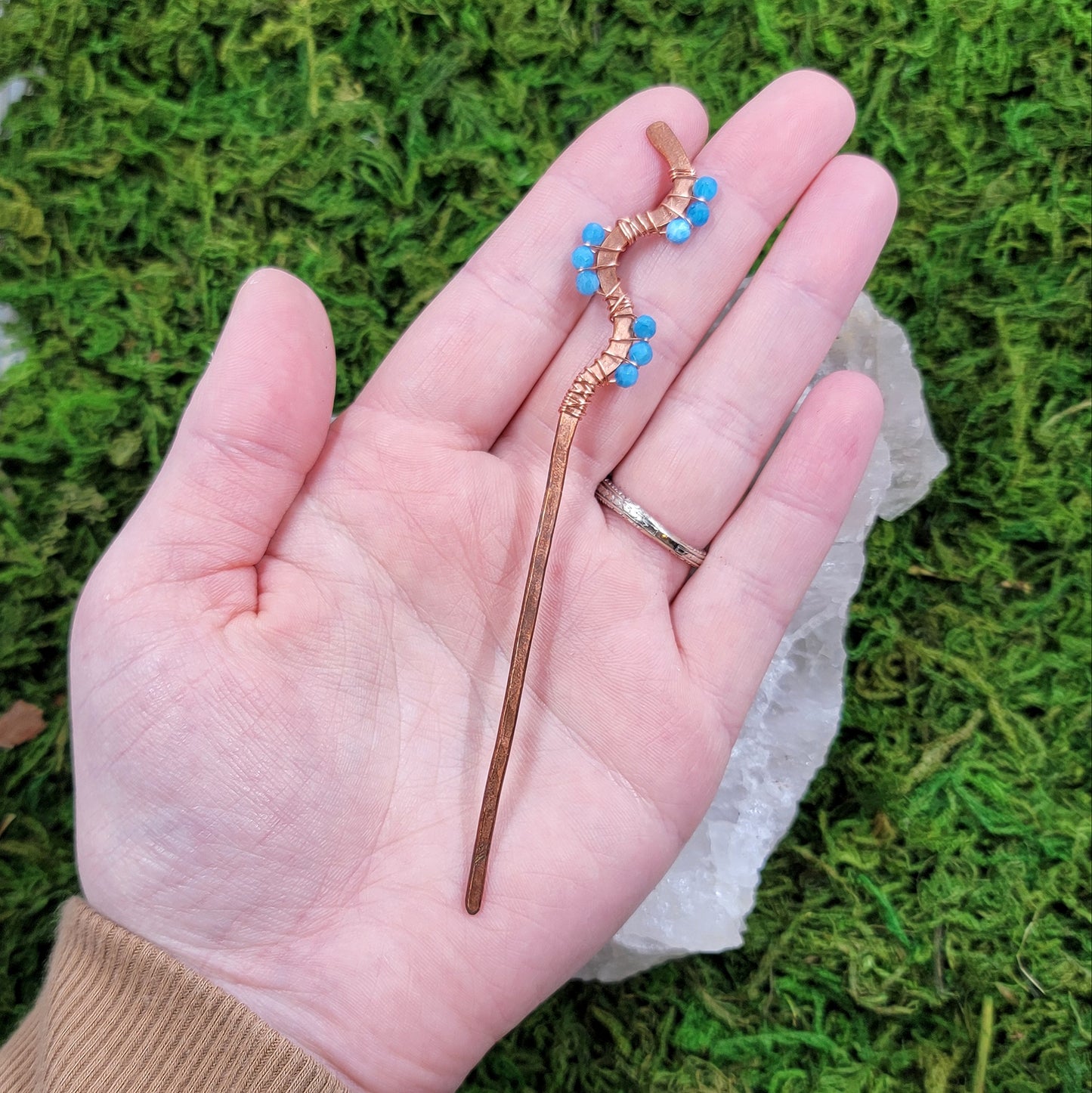 Blue Apatite Hammered Copper Squiggle Hair Stick