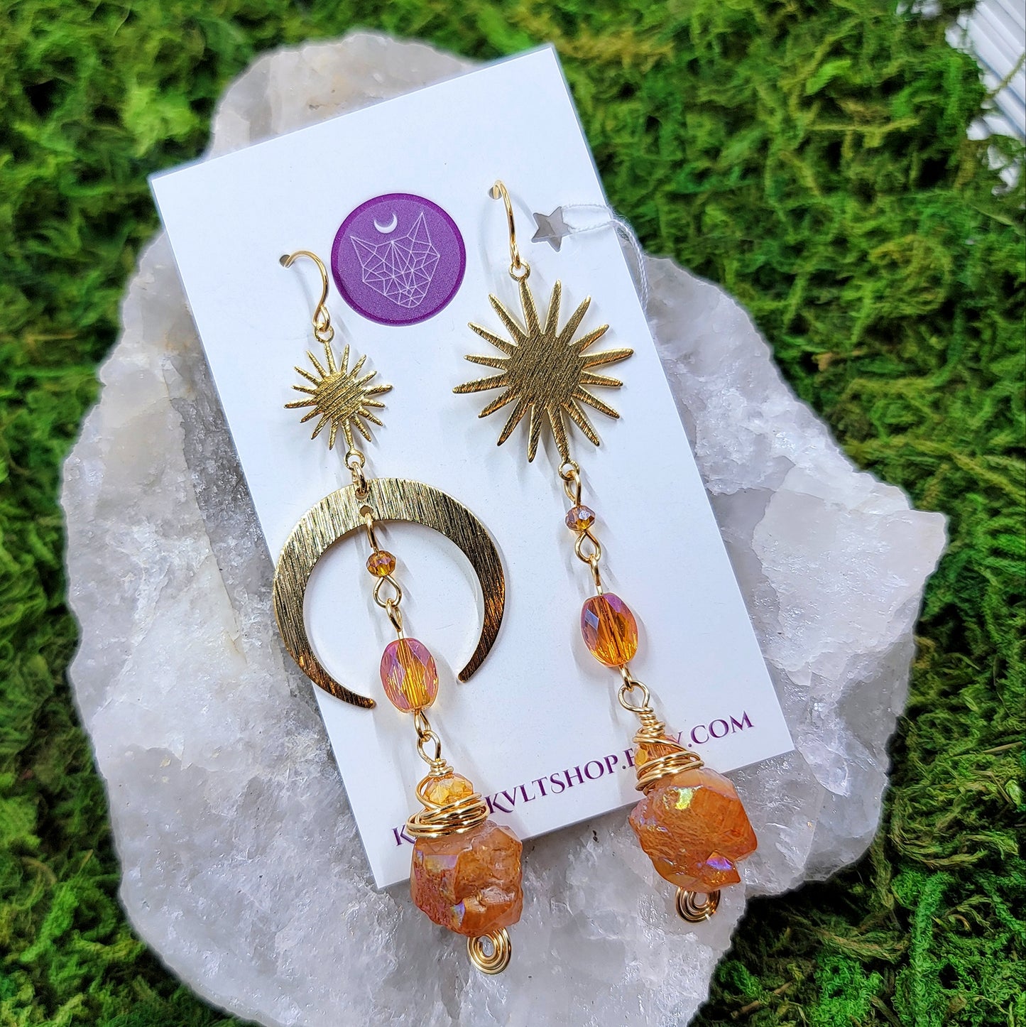 Orange Aura Quartz Moon & Star Mismatch Earrings