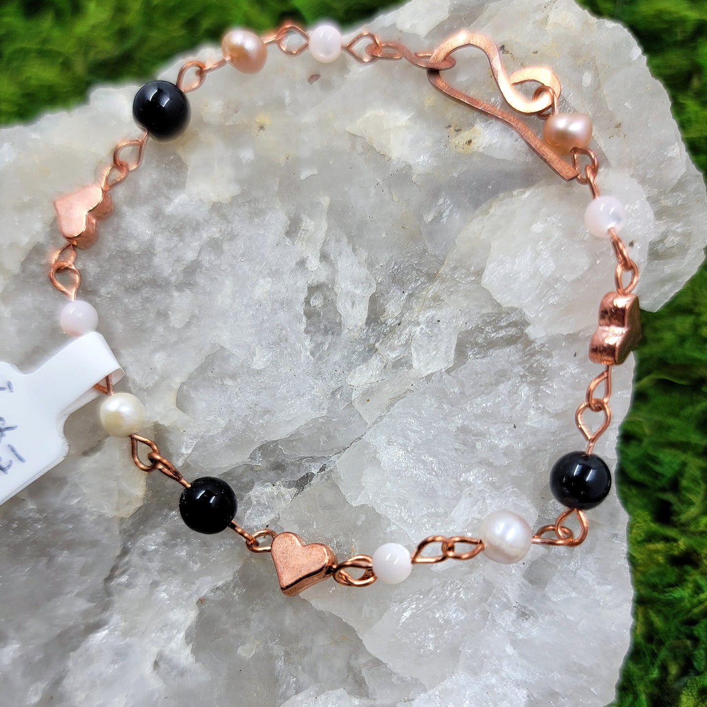 Freshwater Pearl & Onyx Copper Heart Bracelet