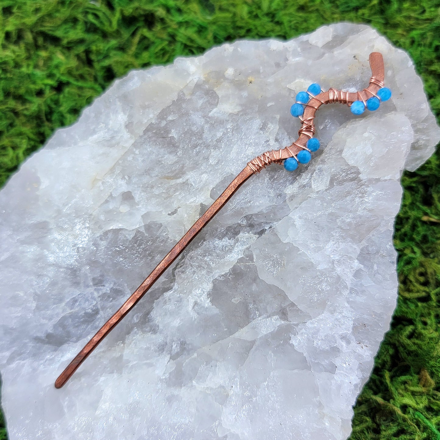 Blue Apatite Hammered Copper Squiggle Hair Stick