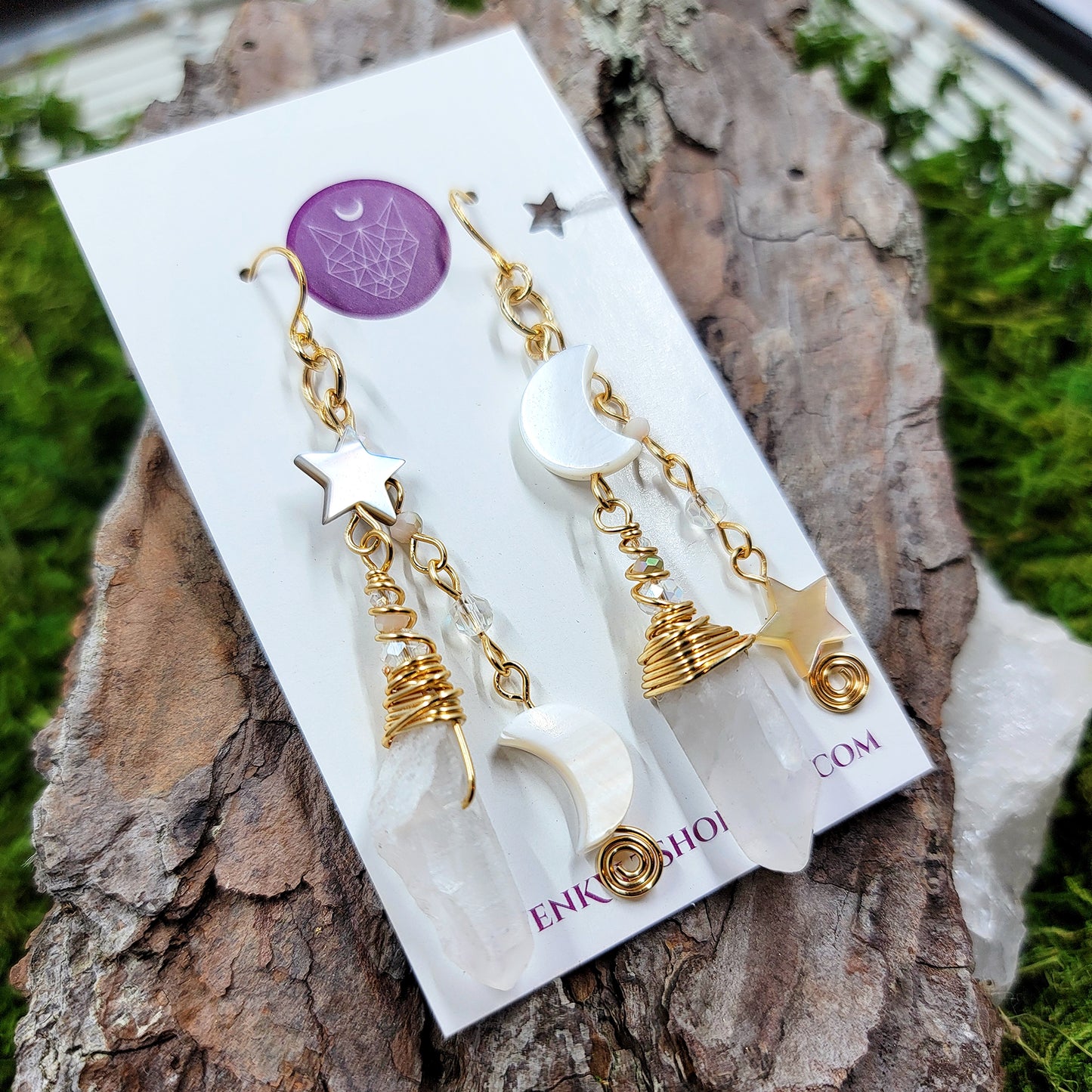 Celestial Quartz, Shell Moon & Star Earrings