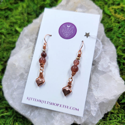 Strawberry Quartz Copper Heart Earrings