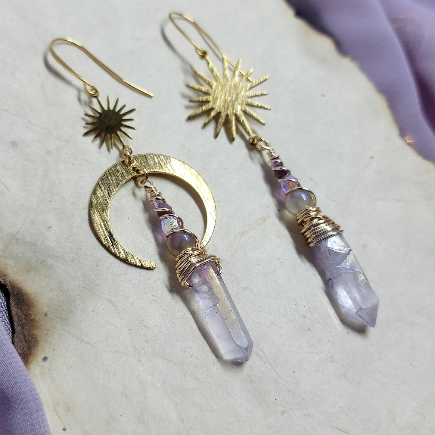 Celestial Lilac Aura Quartz Aura Agate Crystal Moon Earrings