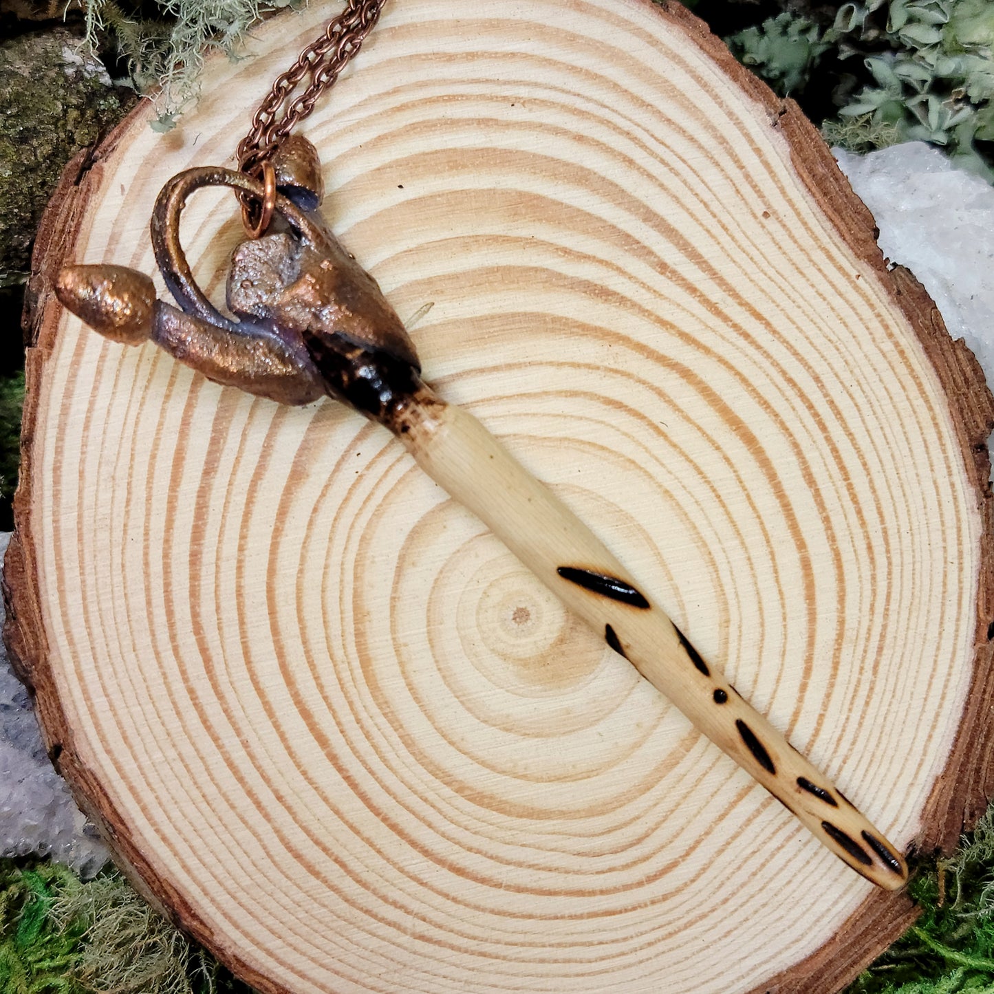 Hand Carved Wand Labradorite Mushroom Electroformed Copper Necklace