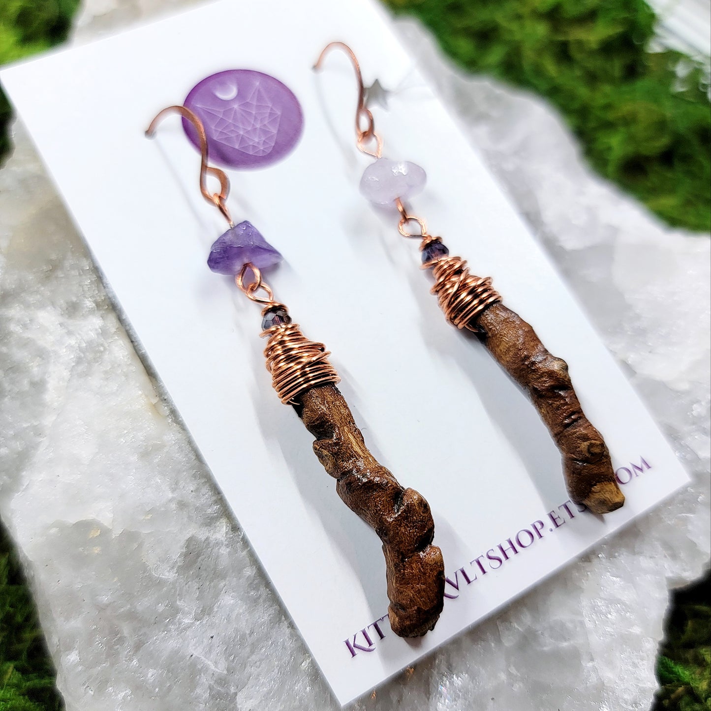 Sycamore & Amethyst Witch Finger Earrings