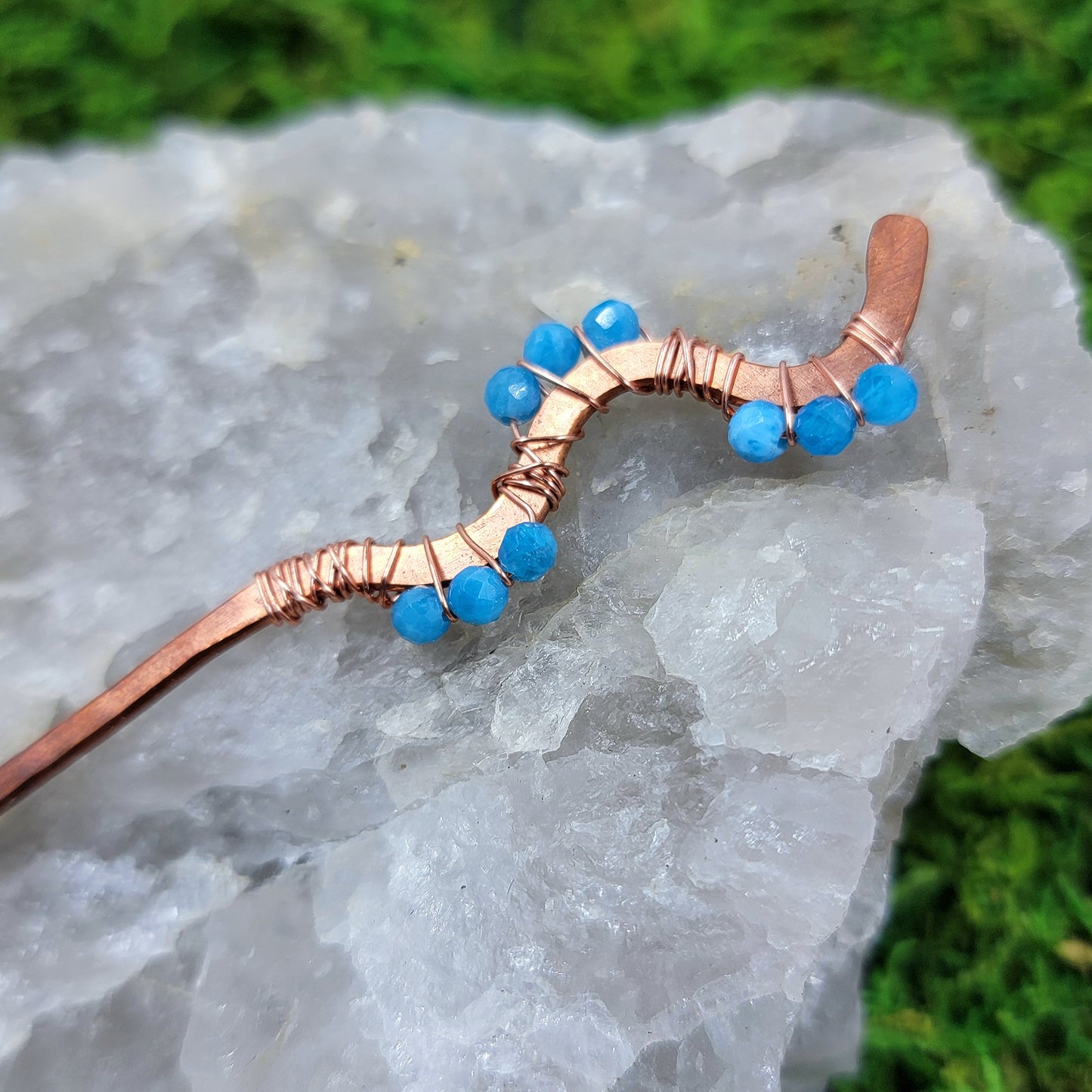 Blue Apatite Hammered Copper Squiggle Hair Stick