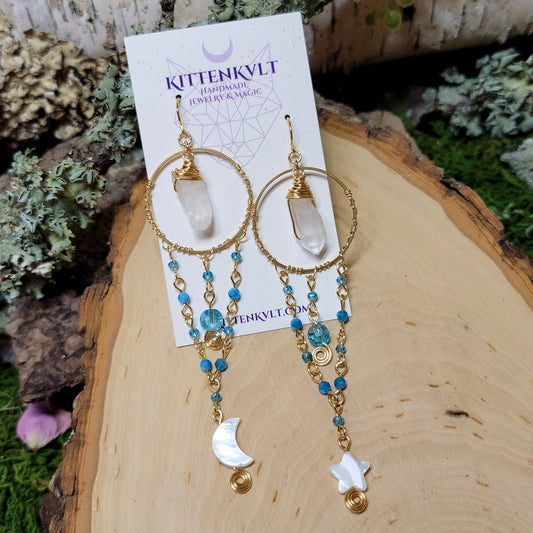 Mystical Blue Apatite, Quartz & Shell Earrings