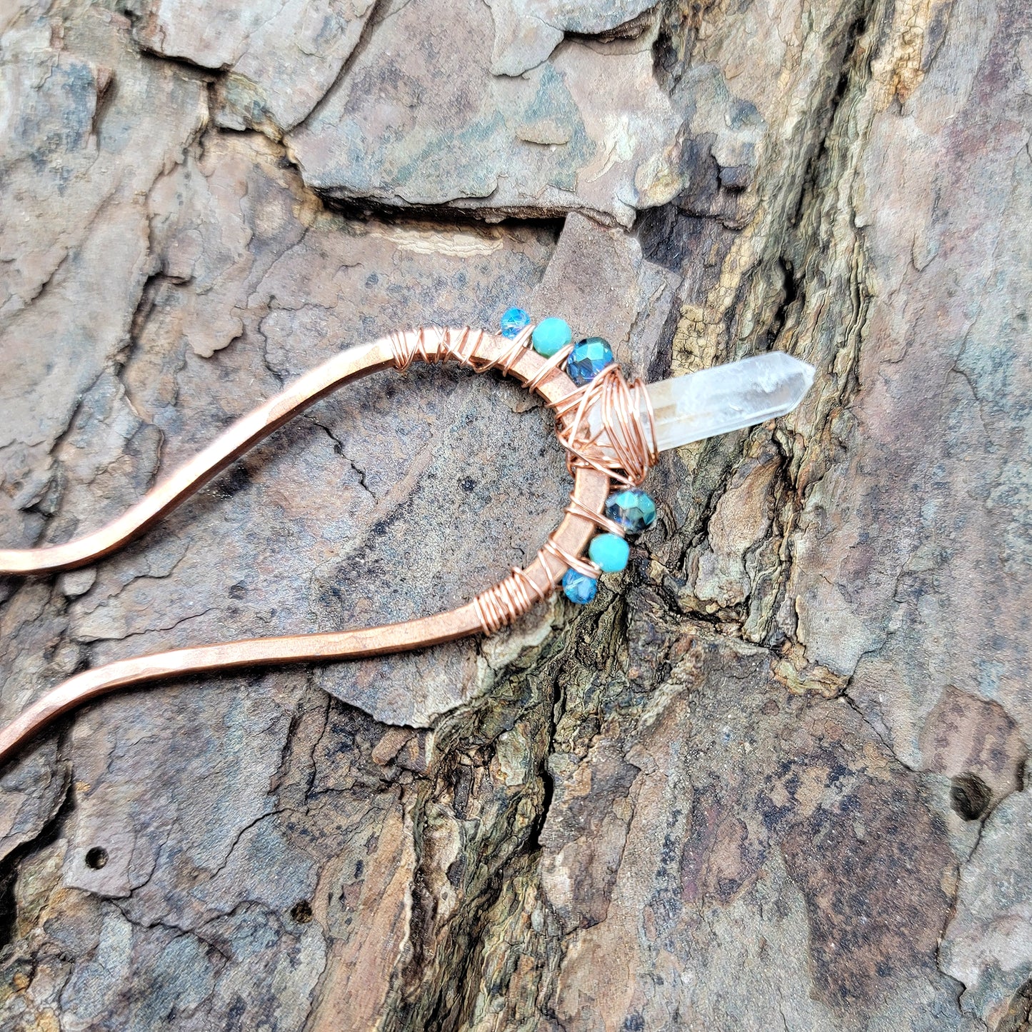 Sea Witch Quartz Crystal Hammered Copper Hair Fork