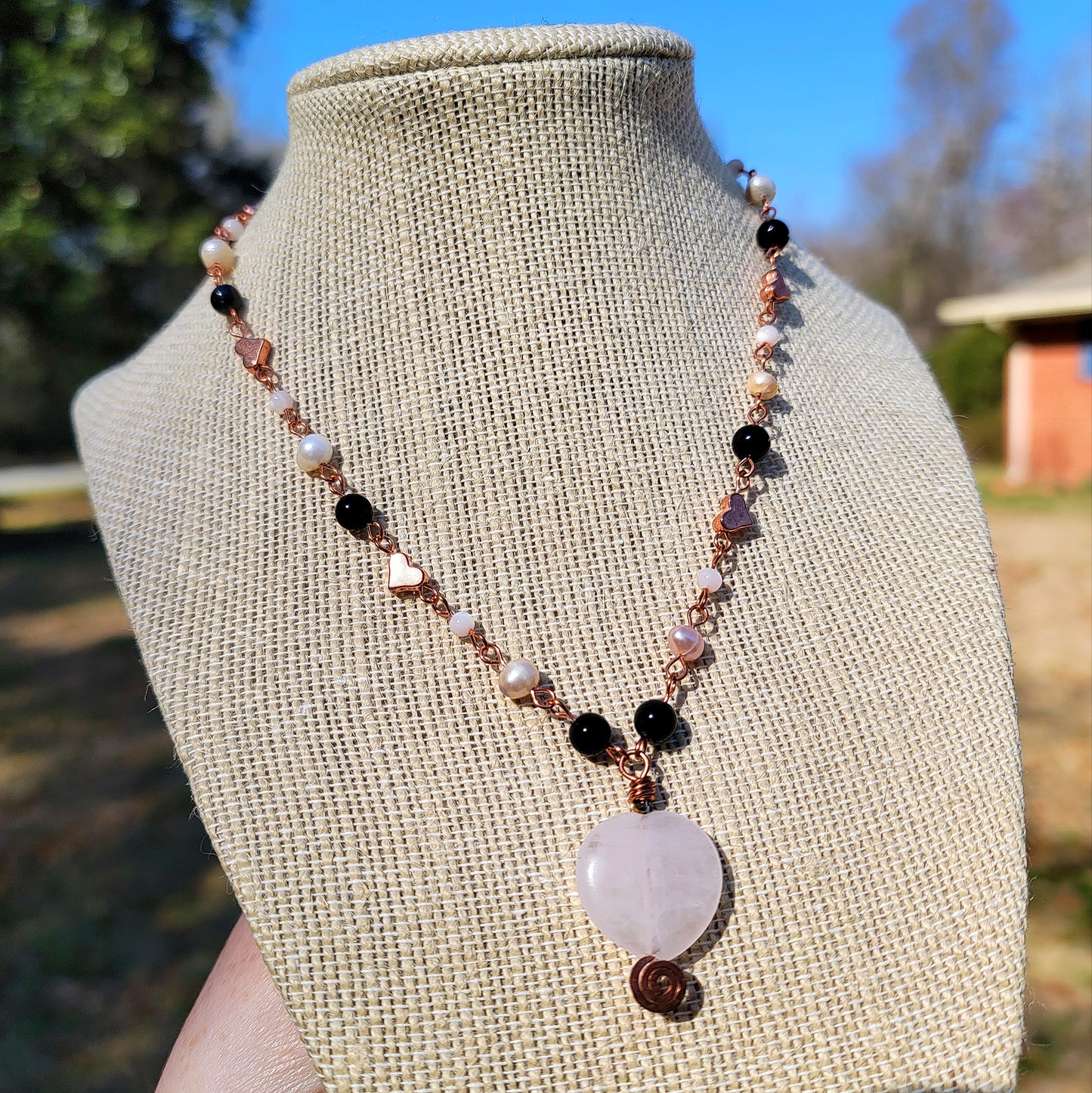 Rose Quartz Heart Copper Choker With Freshwater Pearls, Mother of Pearl & Onyx