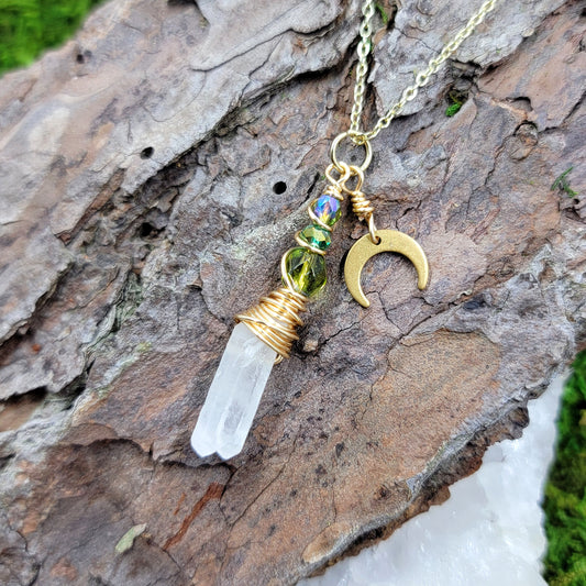 Mystical Quartz Crystal Moon Green Witch Necklace