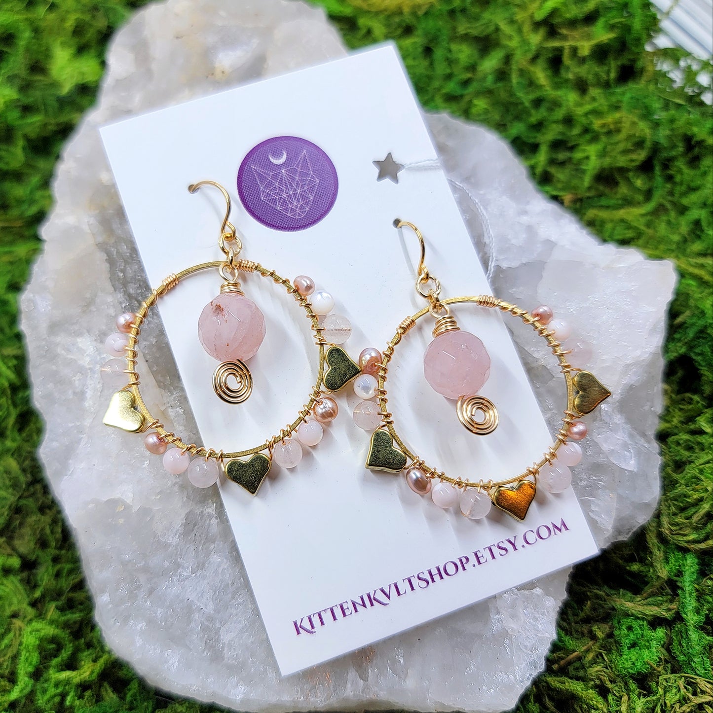 Rose Quartz, Pearl & Mother of Pearl Heart Earrings