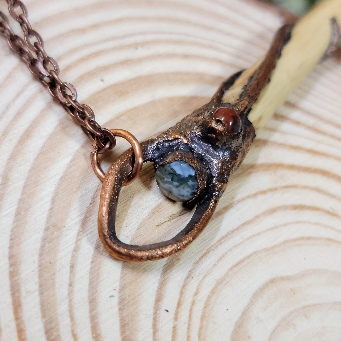 Hand Carved Wood & Ocean Jasper Electroformed Copper Dragon Necklace