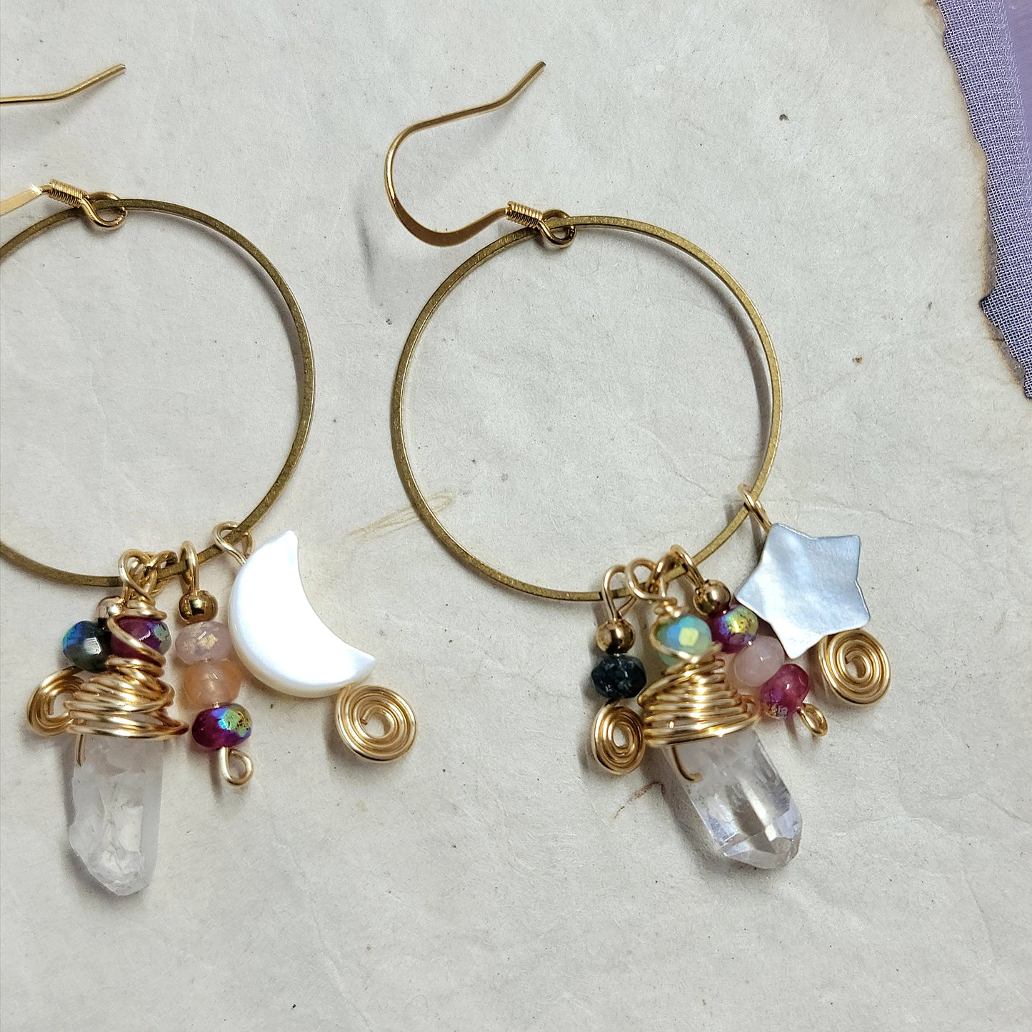 Mystical Celestial Quartz Moss Agate & Shell Charm Earrings, Ethereal Fairy Crystal Earrings