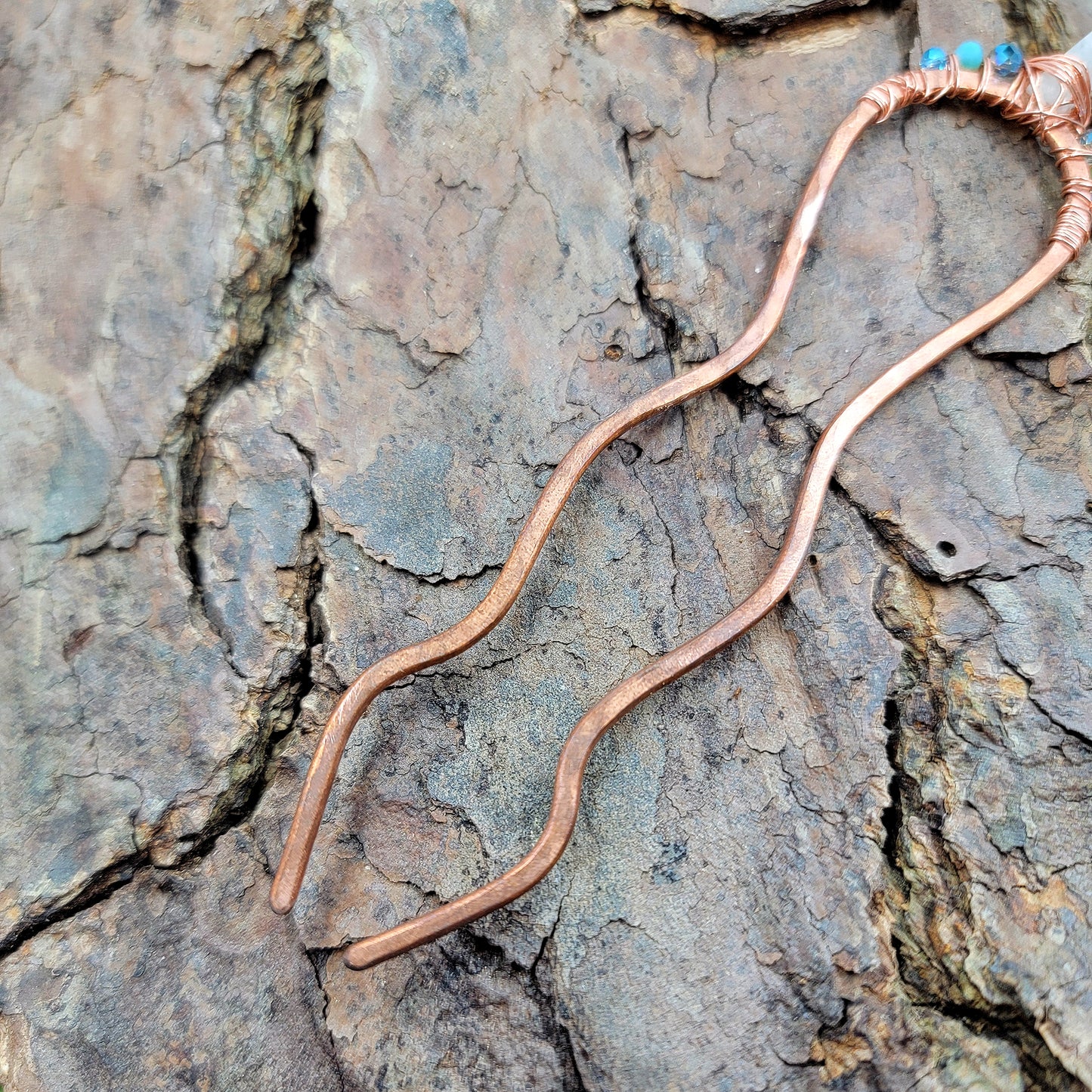 Sea Witch Quartz Crystal Hammered Copper Hair Fork