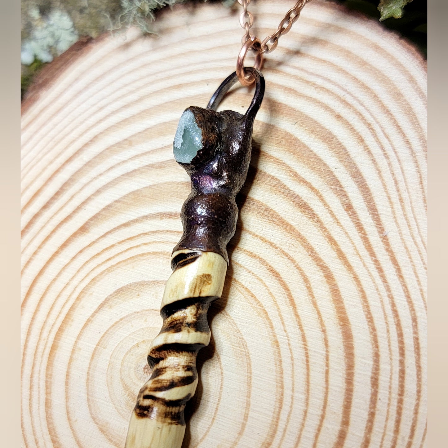 Hand Carved Ash Wood, Copper & Green Aventurine Wand Necklace