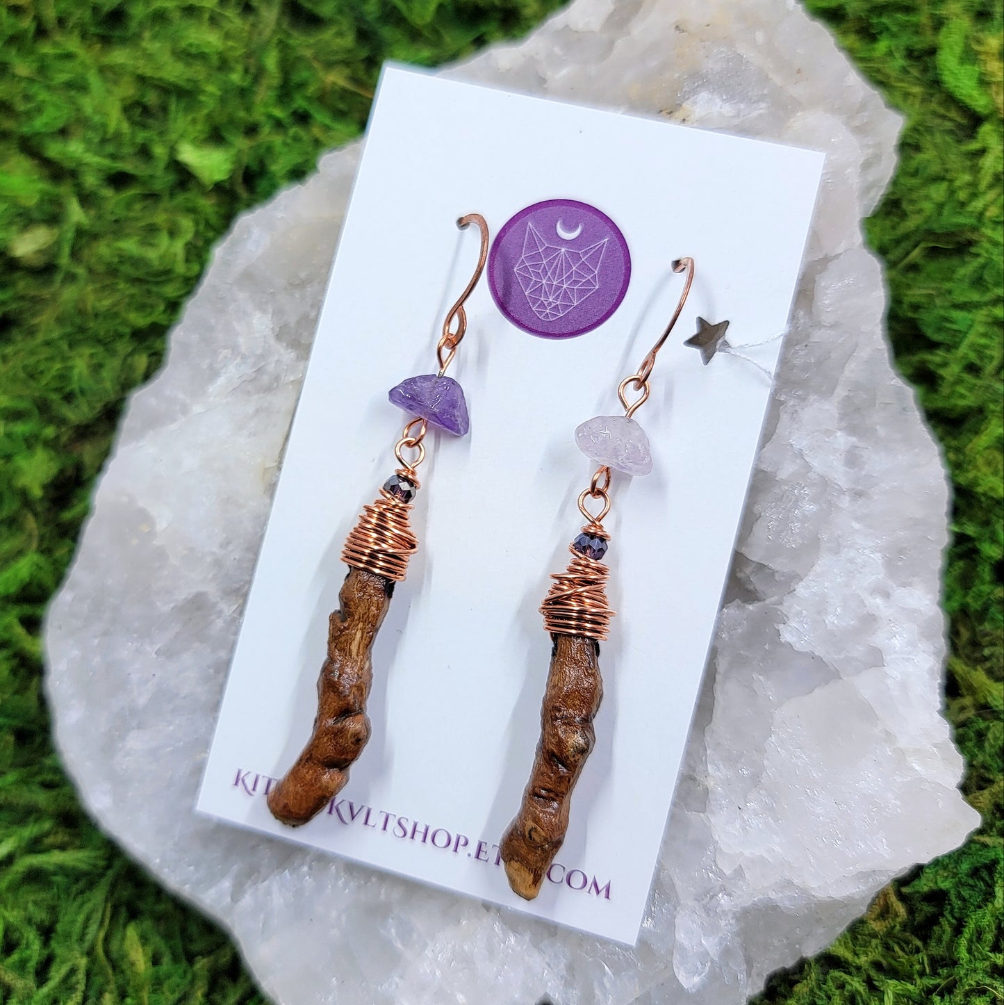 Sycamore & Amethyst Witch Finger Earrings