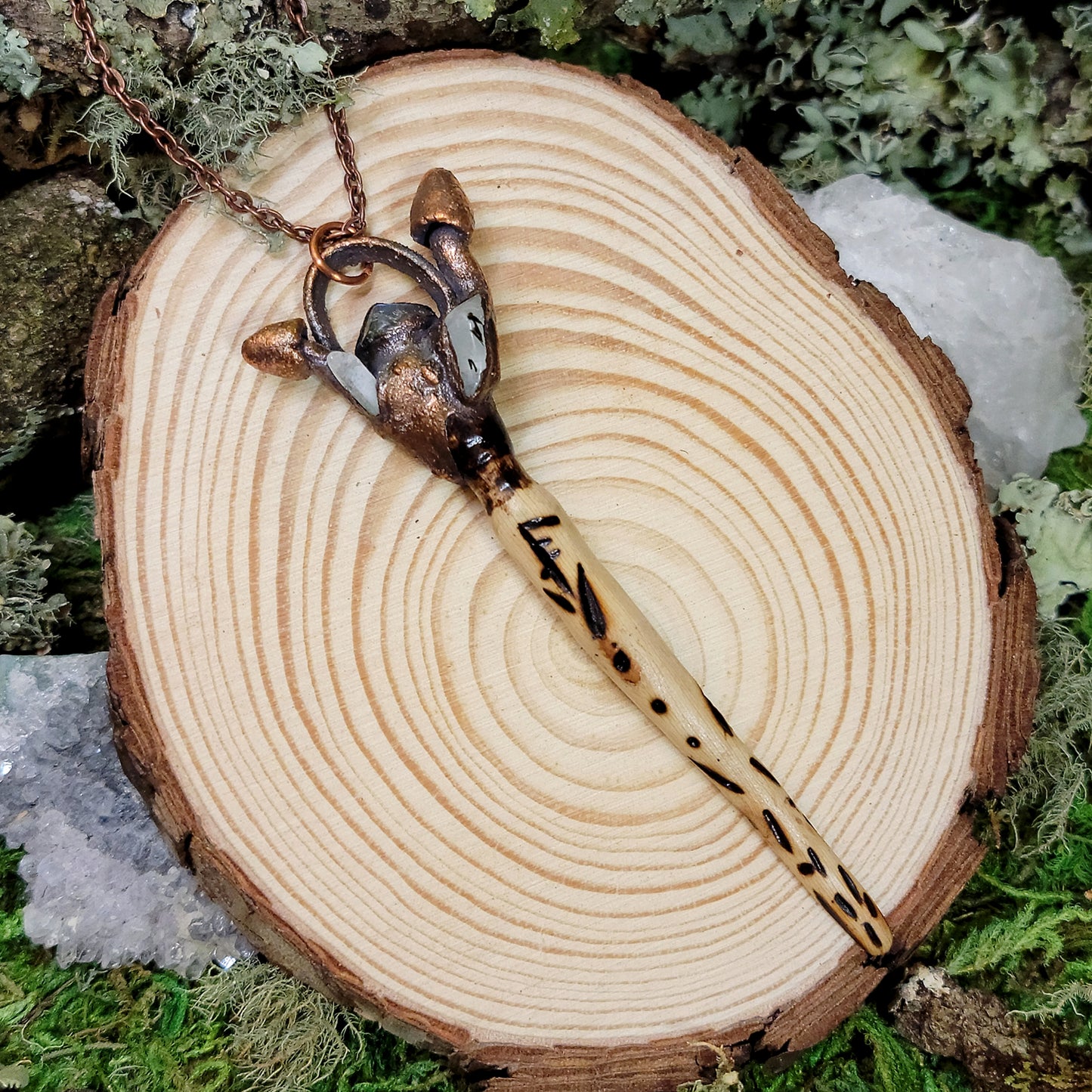 Hand Carved Wand Labradorite Mushroom Electroformed Copper Necklace