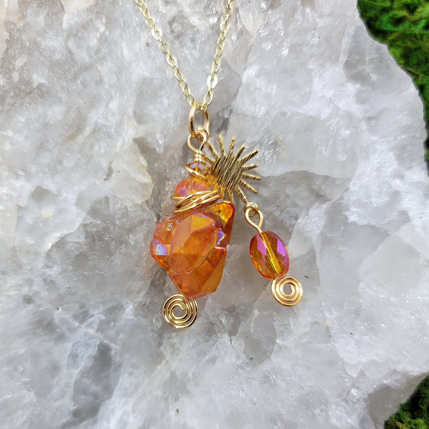 Orange Aura Quartz Sun Star Necklace