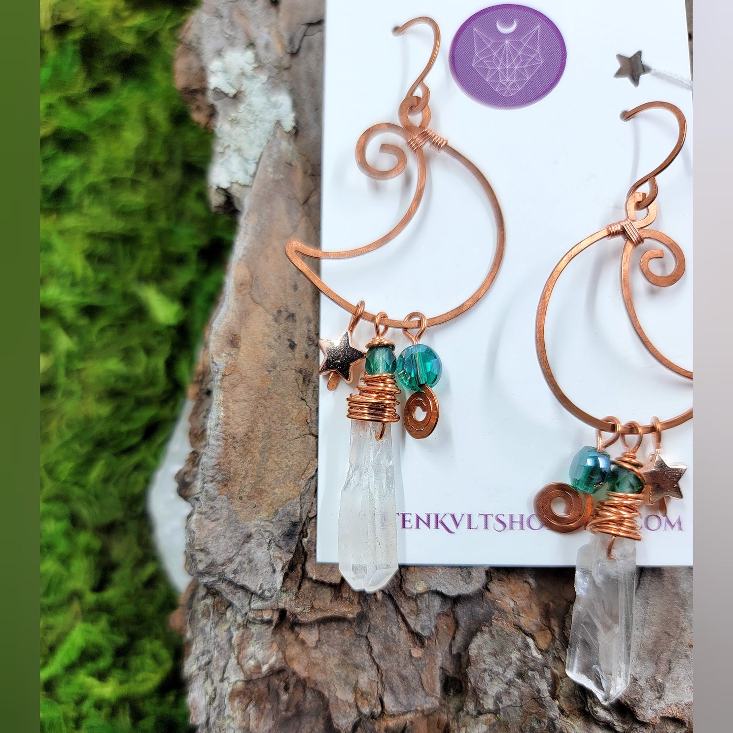 Quartz & Copper Moon Earrings