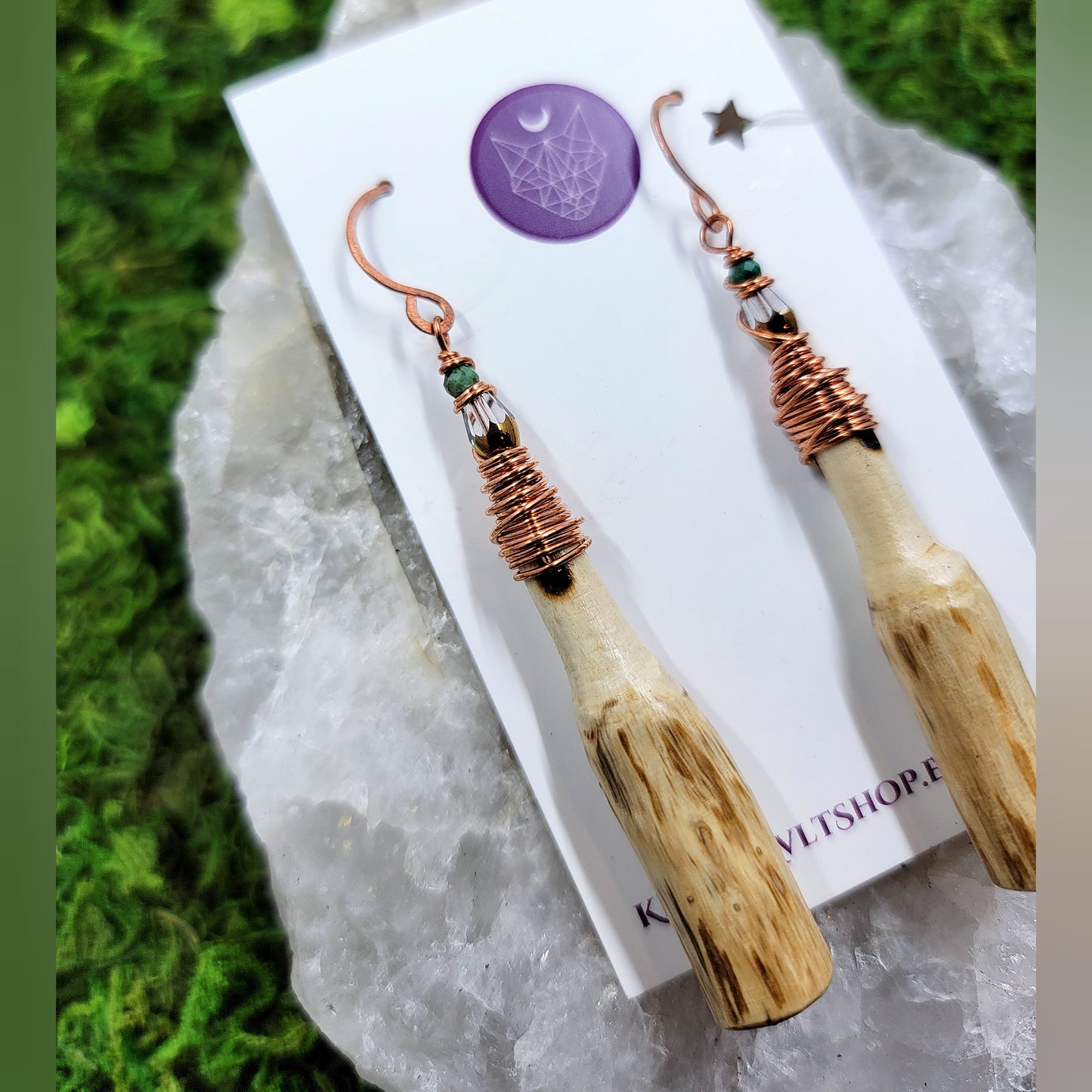 African Jasper, Hand Carved Sycamore, & Copper Earrings