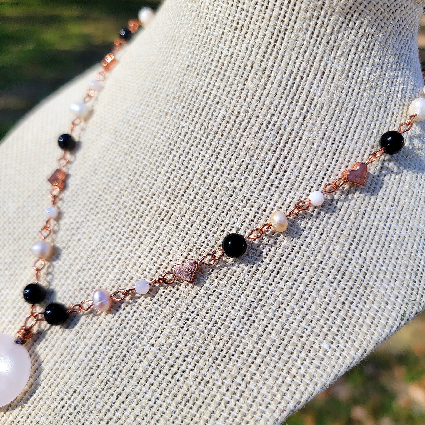 Rose Quartz Heart Copper Choker With Freshwater Pearls, Mother of Pearl & Onyx