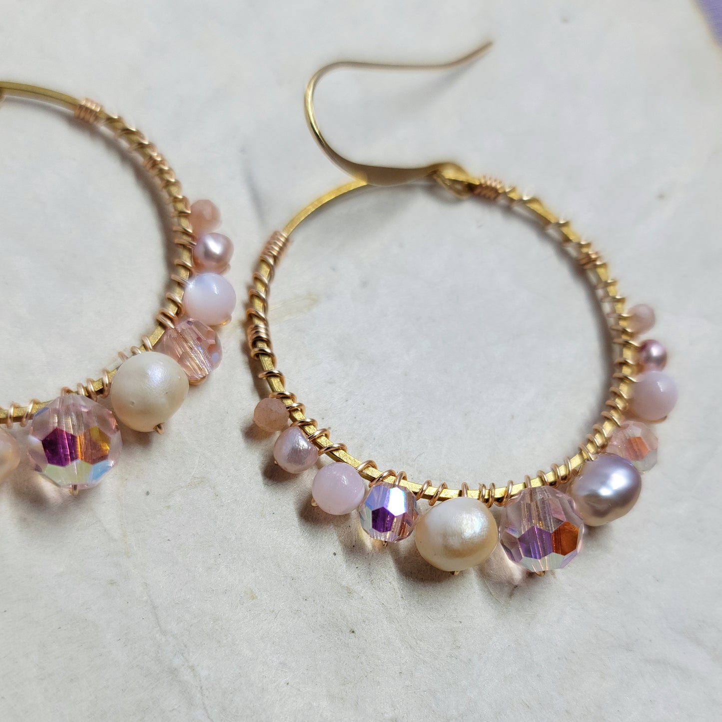 Ethereal Freshwater Pearl, Mother of Pearl, Peach Moonstone Crystal Hoops