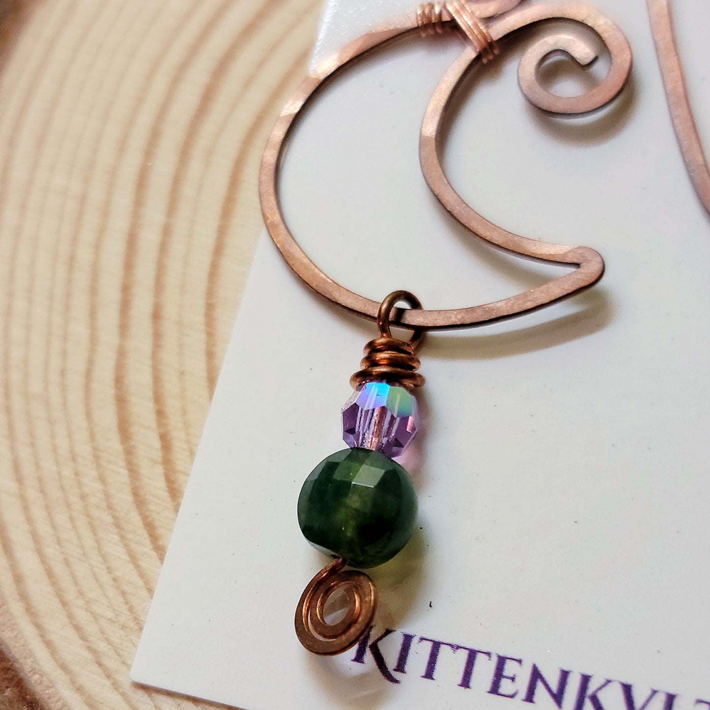 Amethyst & Moss Agate Cat and Moon Hammered Copper Earrings