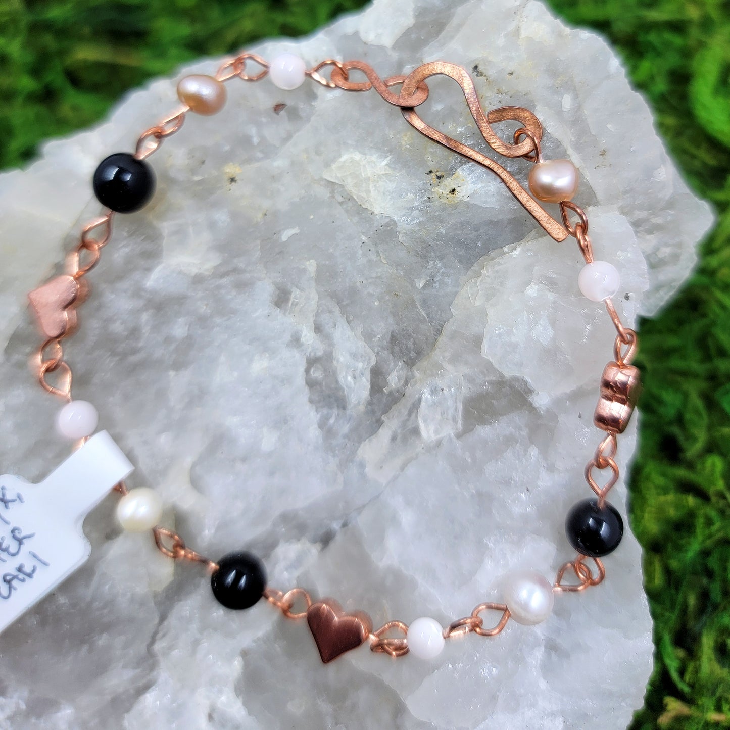 Freshwater Pearl & Onyx Copper Heart Bracelet